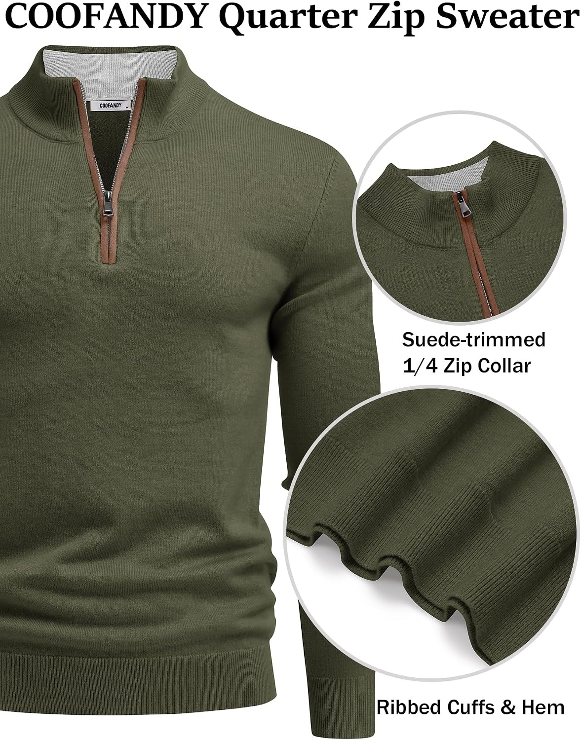 image:imageCOOFANDY Mens Quarter Zip Sweater Casual Slim Fit Mock Neck Knit PulloverArmy Green