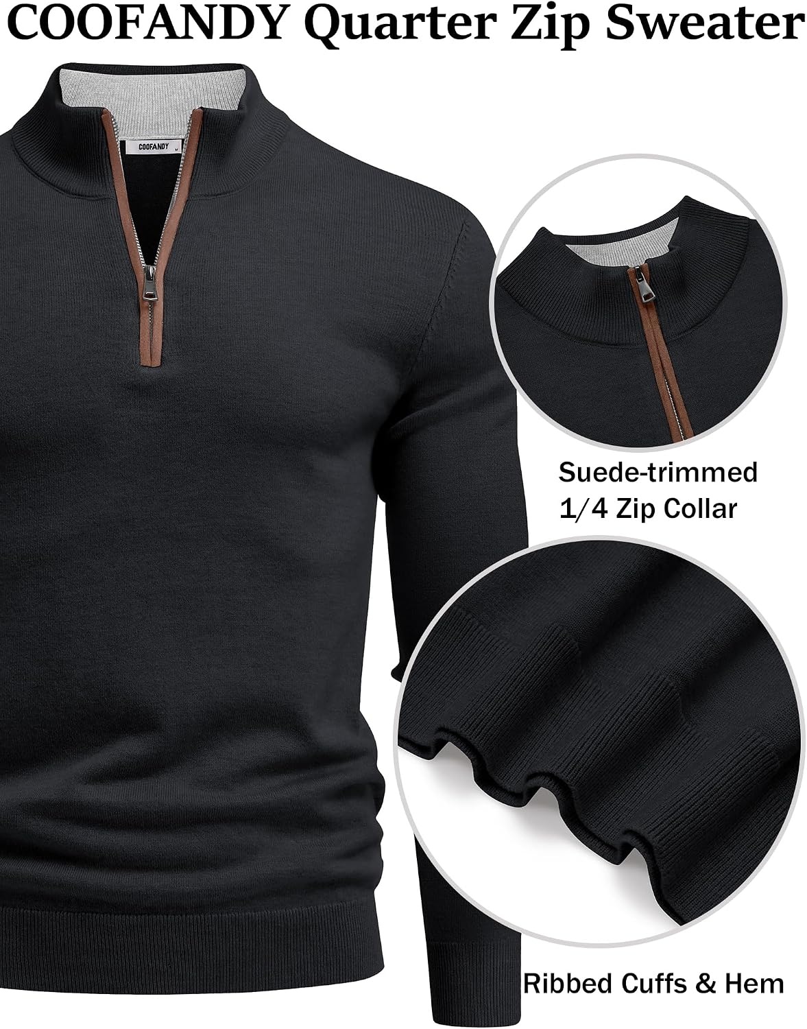 image:imageCOOFANDY Mens Quarter Zip Sweater Casual Slim Fit Mock Neck Knit PulloverBlack