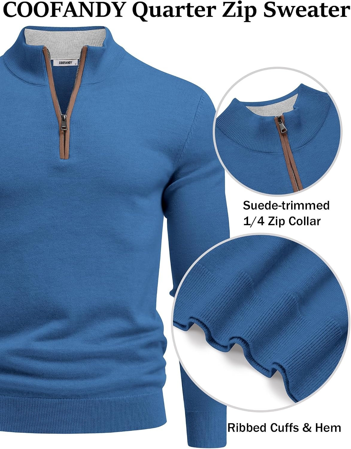 image:imageCOOFANDY Mens Quarter Zip Sweater Casual Slim Fit Mock Neck Knit PulloverBlue