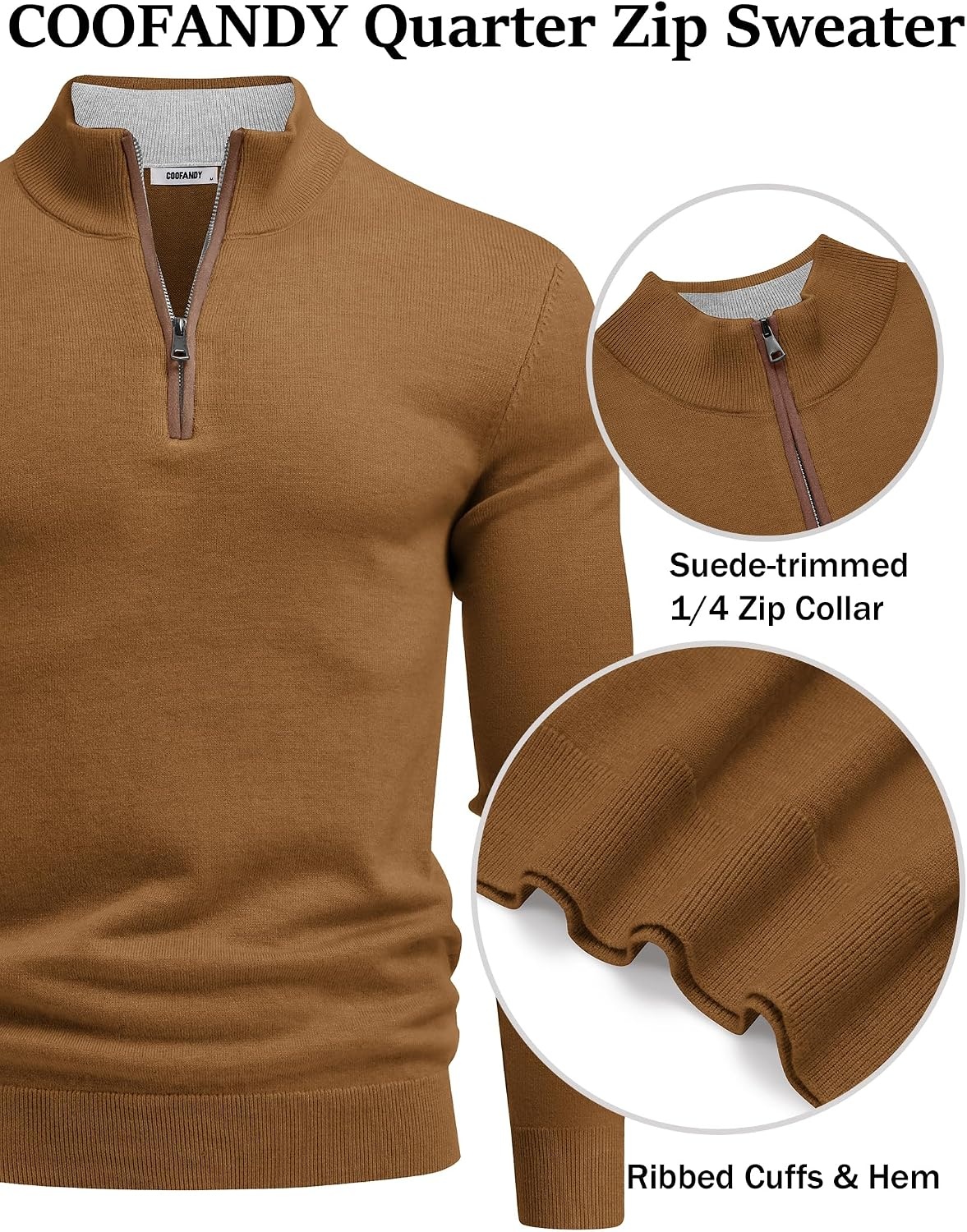 image:imageCOOFANDY Mens Quarter Zip Sweater Casual Slim Fit Mock Neck Knit PulloverBrown