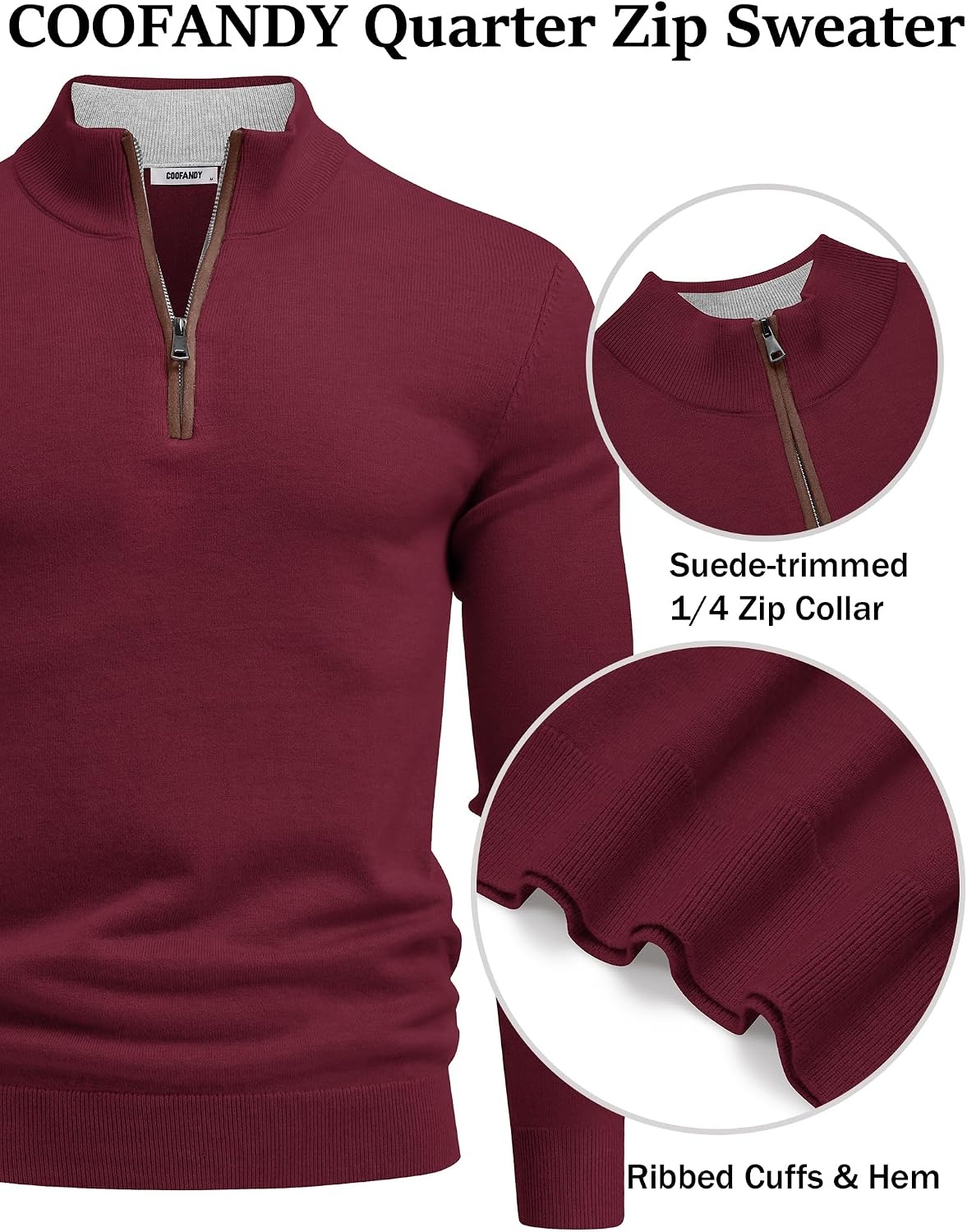 image:imageCOOFANDY Mens Quarter Zip Sweater Casual Slim Fit Mock Neck Knit PulloverBurgundy