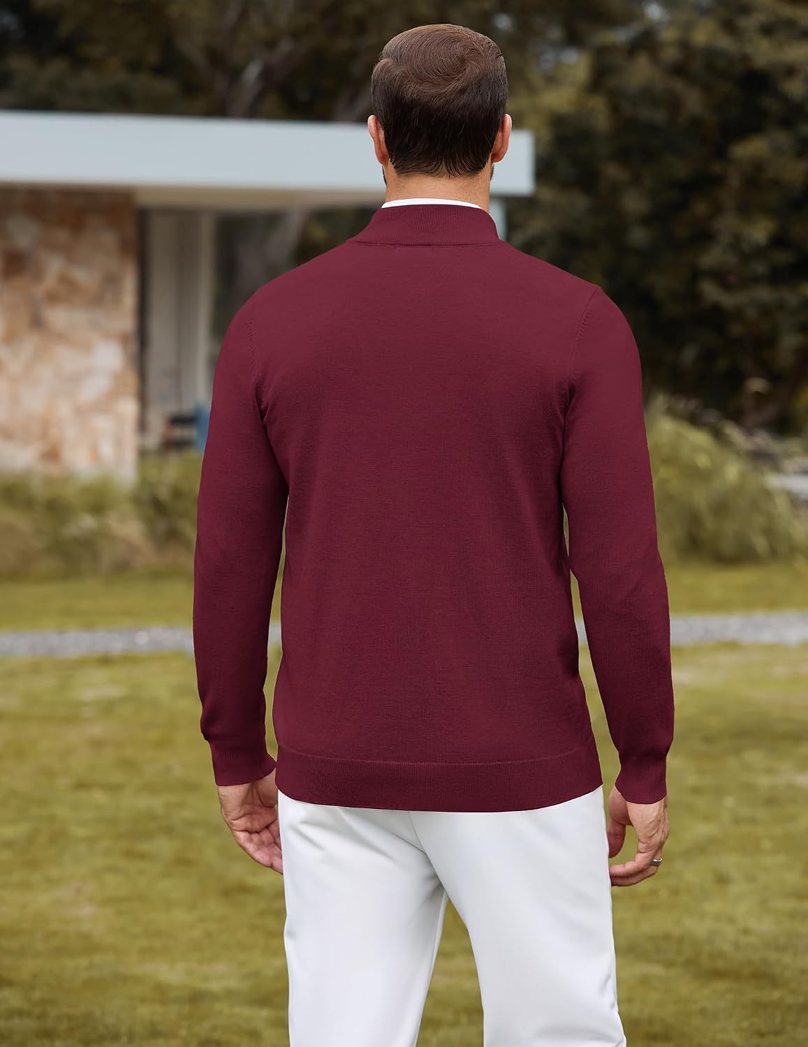 image:imageCOOFANDY Mens Quarter Zip Sweater Casual Slim Fit Mock Neck Knit PulloverBurgundy