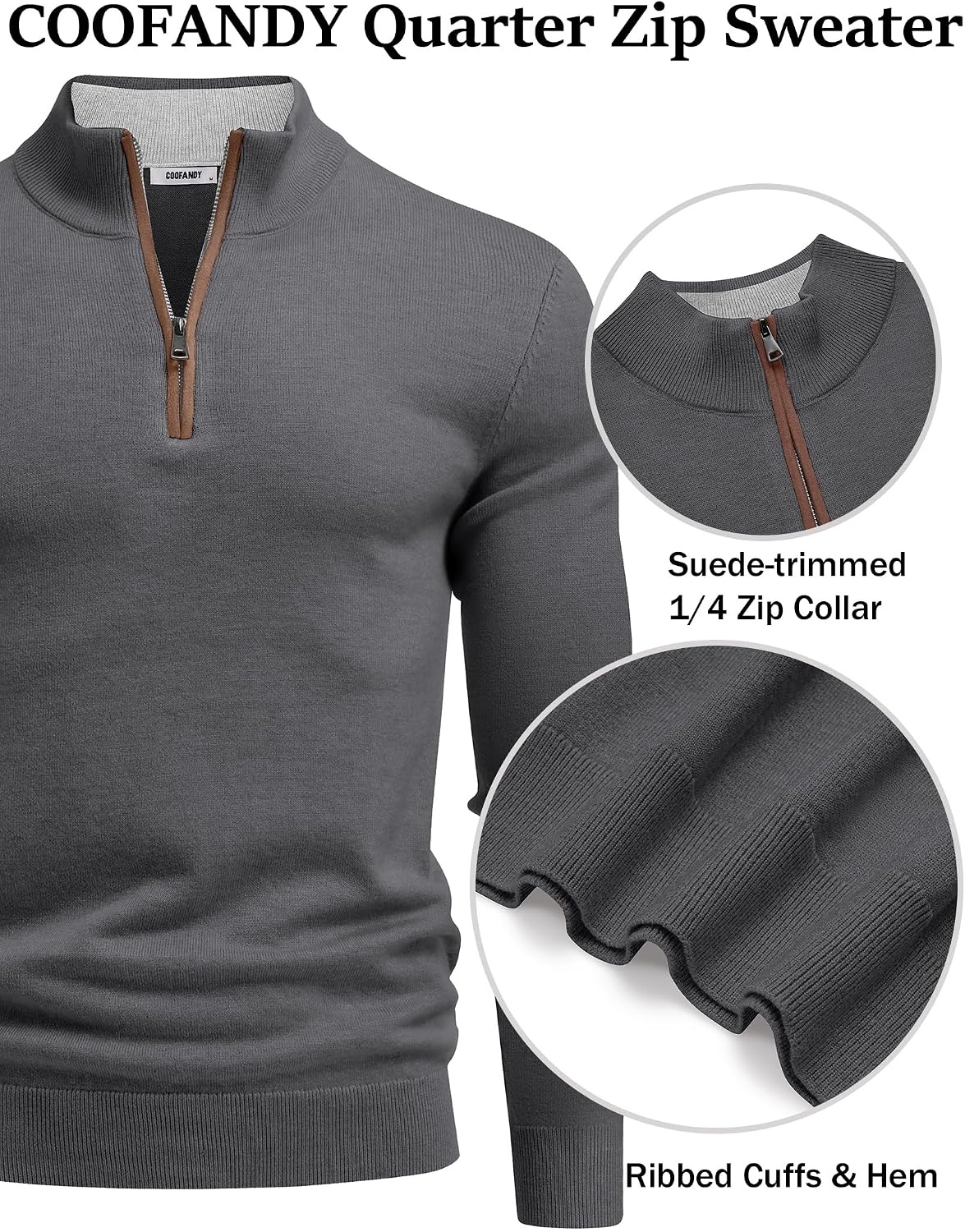 image:imageCOOFANDY Mens Quarter Zip Sweater Casual Slim Fit Mock Neck Knit PulloverDark Gray