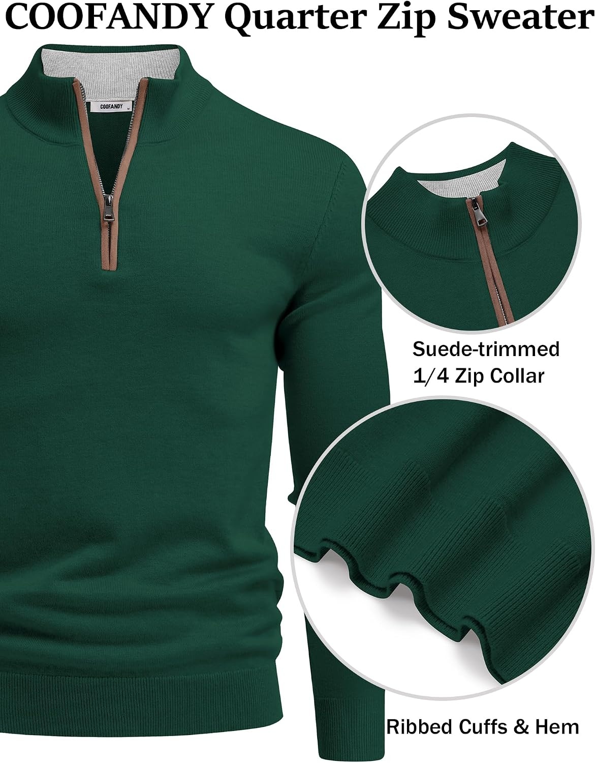 image:imageCOOFANDY Mens Quarter Zip Sweater Casual Slim Fit Mock Neck Knit PulloverDark Green