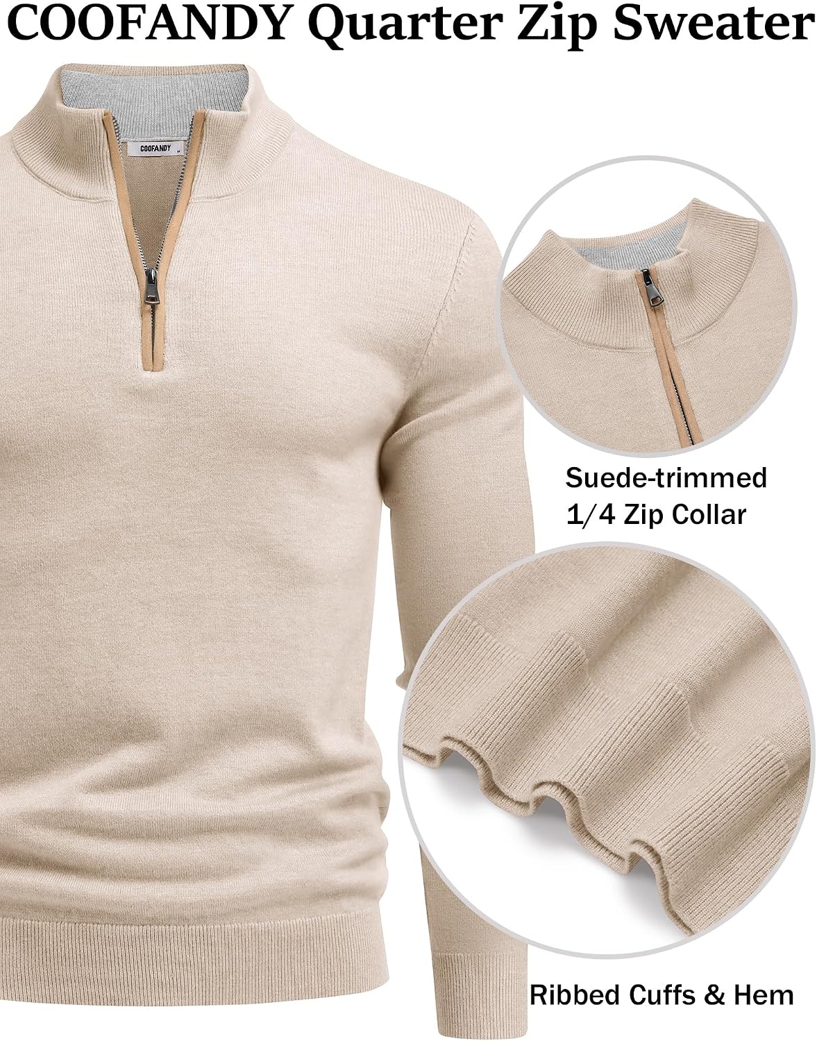 image:imageCOOFANDY Mens Quarter Zip Sweater Casual Slim Fit Mock Neck Knit PulloverKhaki