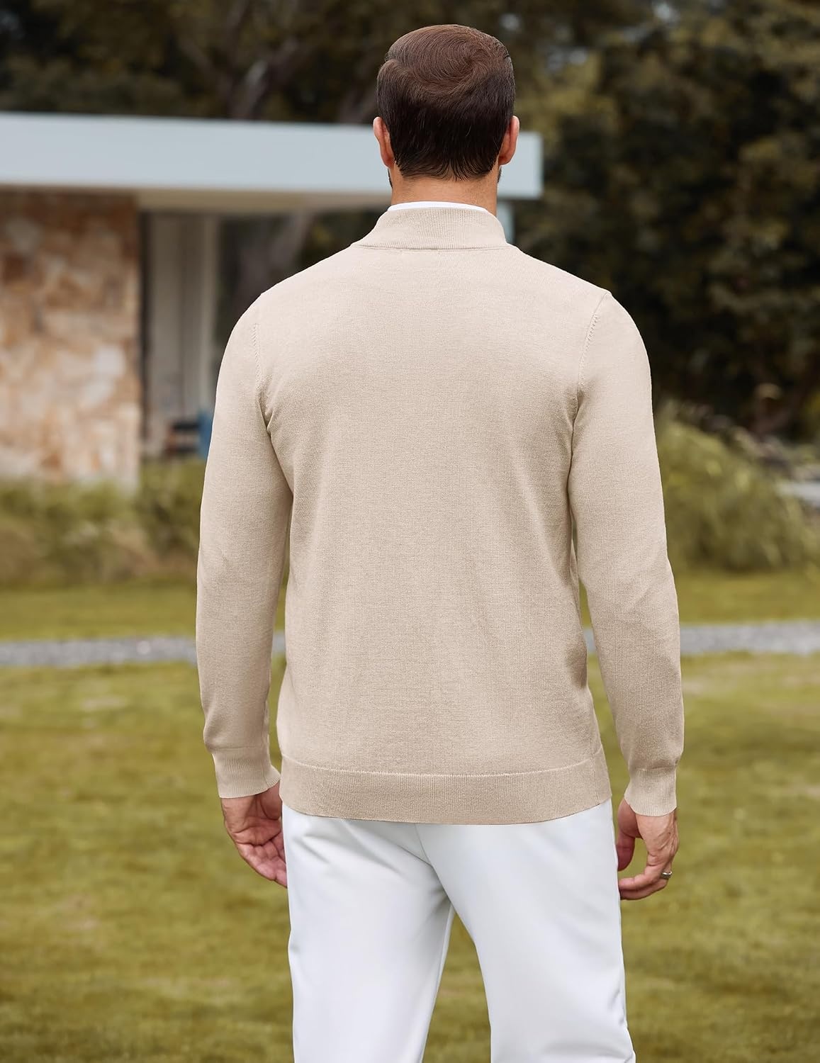 image:imageCOOFANDY Mens Quarter Zip Sweater Casual Slim Fit Mock Neck Knit PulloverKhaki