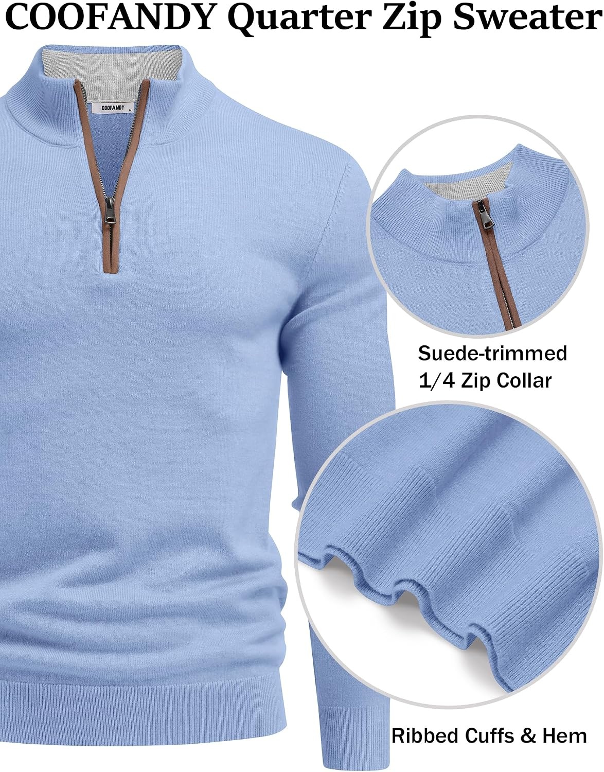 image:imageCOOFANDY Mens Quarter Zip Sweater Casual Slim Fit Mock Neck Knit PulloverLight Blue
