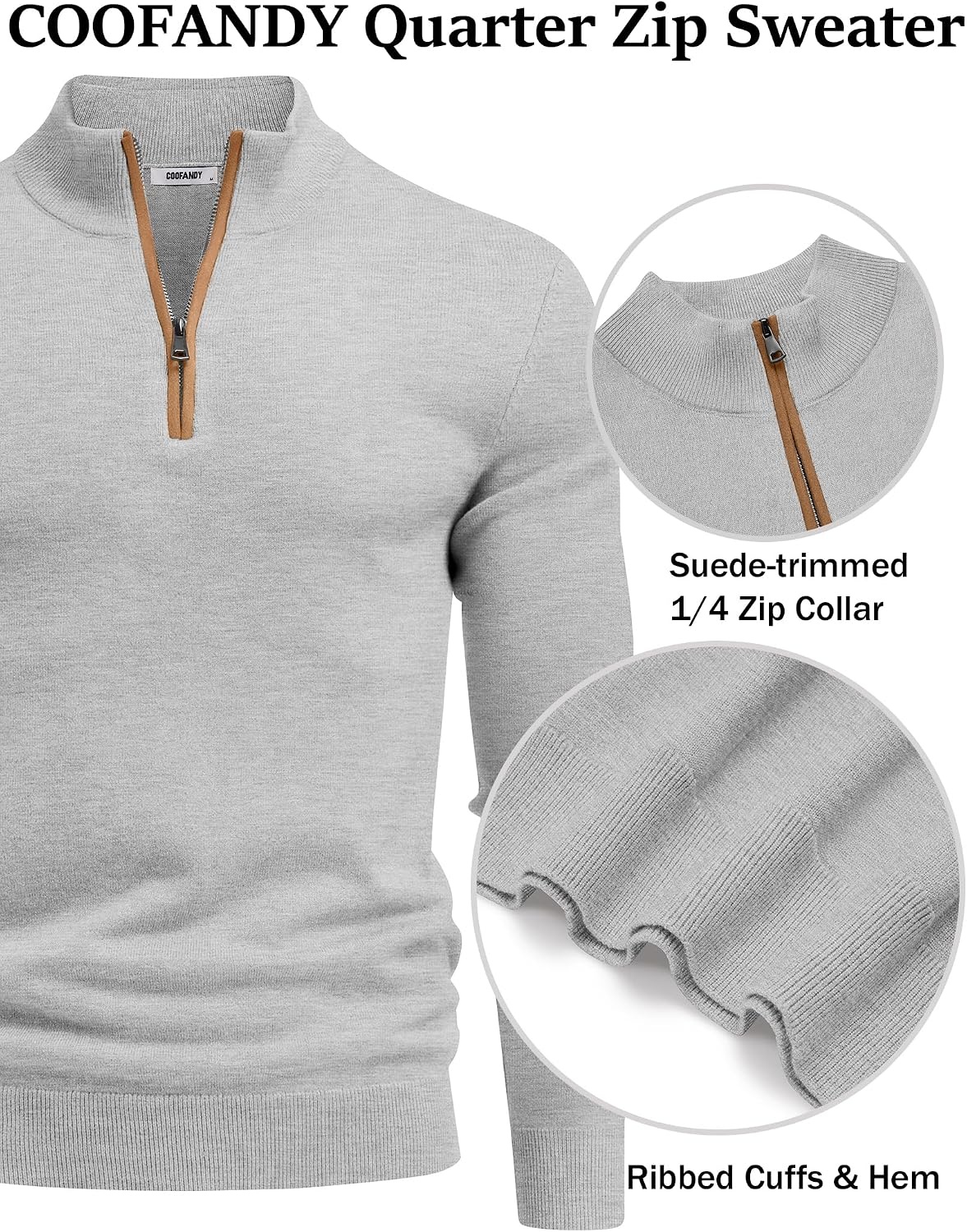 image:imageCOOFANDY Mens Quarter Zip Sweater Casual Slim Fit Mock Neck Knit PulloverLight Gray