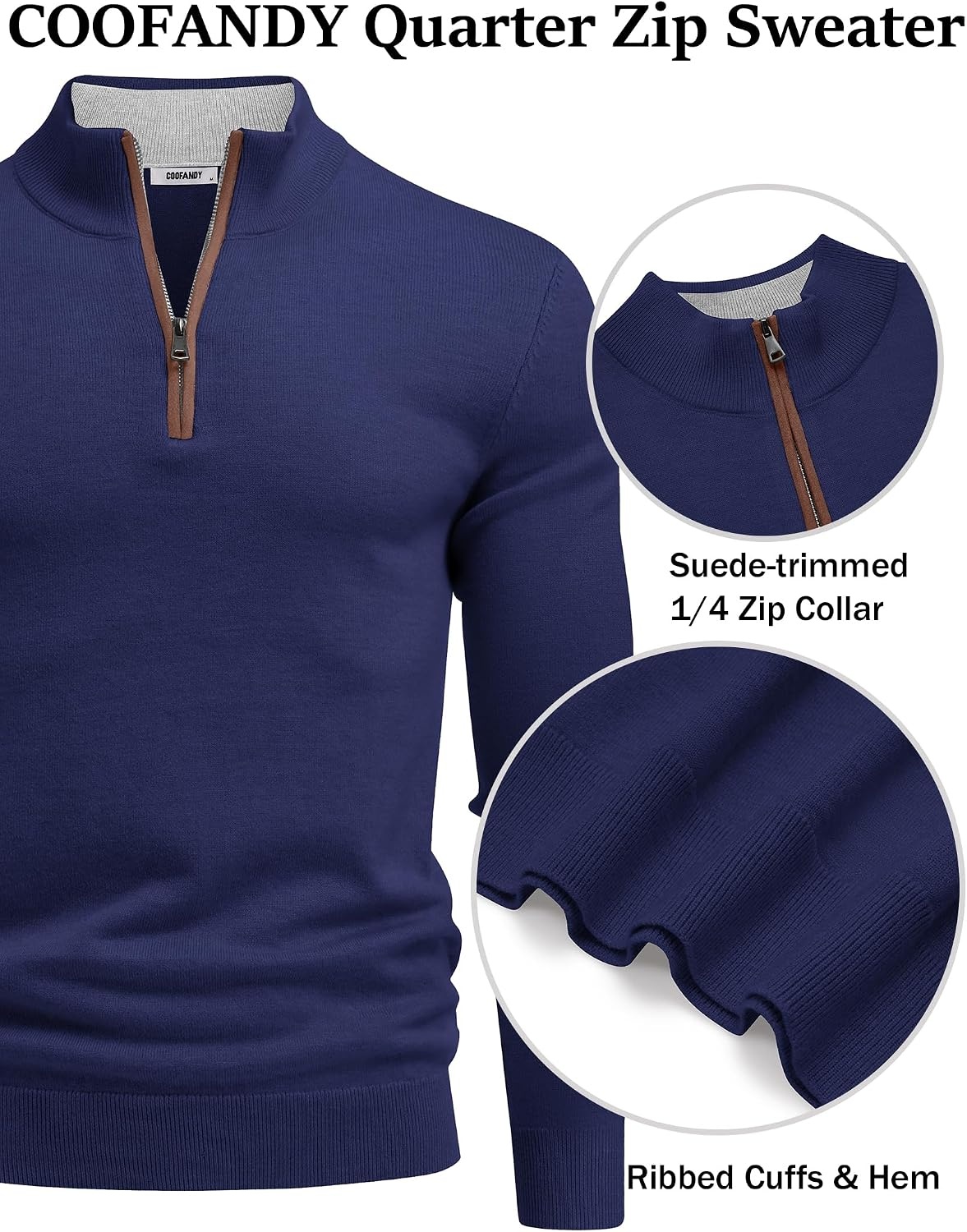 image:imageCOOFANDY Mens Quarter Zip Sweater Casual Slim Fit Mock Neck Knit PulloverNavy Blue