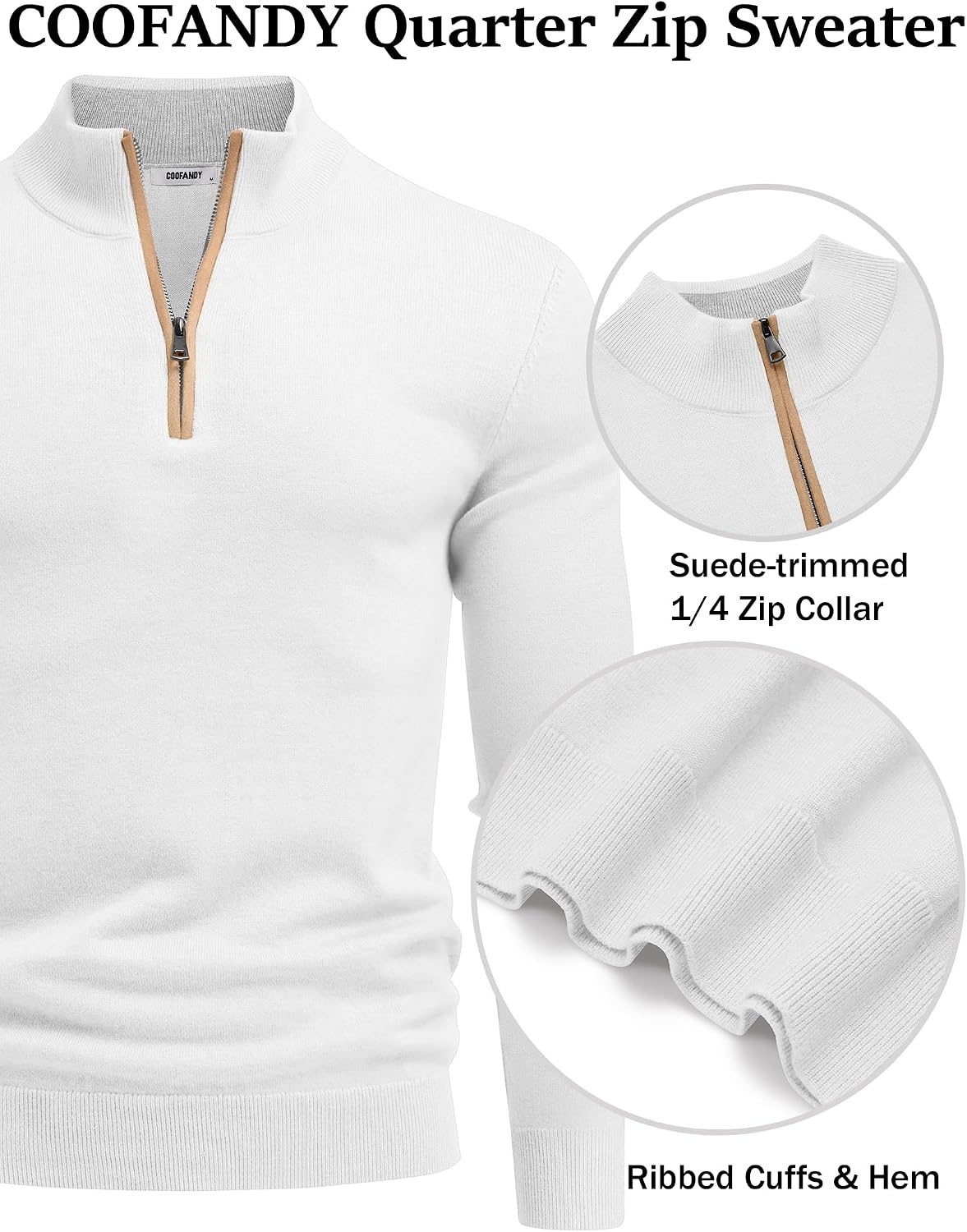 image:imageCOOFANDY Mens Quarter Zip Sweater Casual Slim Fit Mock Neck Knit PulloverWhite