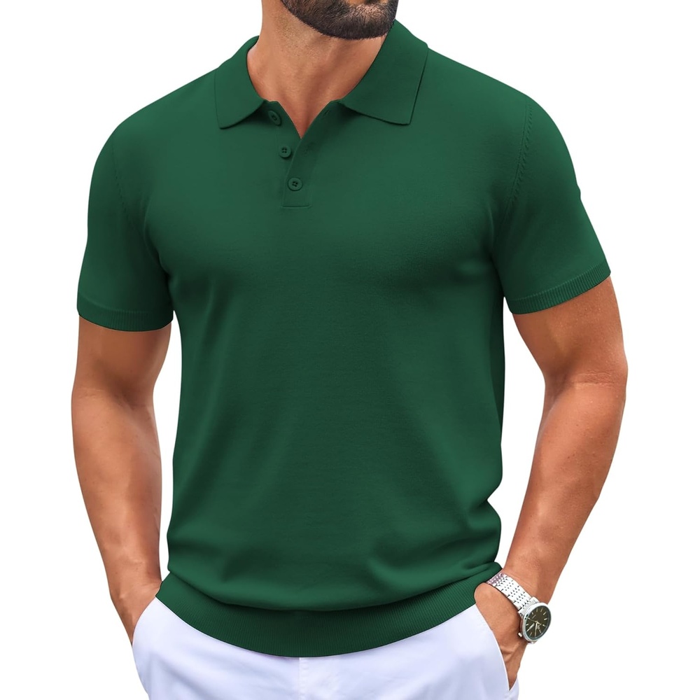 image:imageCOOFANDY Mens Knit Polo Shirts Casual Short Sleeve Button Down Polo ShirtDark Green