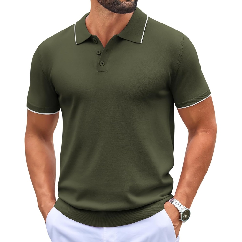 image:imageCOOFANDY Mens Knit Polo Shirts Casual Short Sleeve Button Down Polo ShirtEarmy Green White Striped