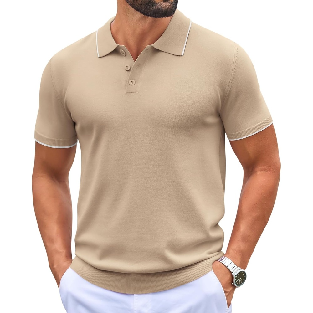 image:imageCOOFANDY Mens Knit Polo Shirts Casual Short Sleeve Button Down Polo ShirtEkhaki White Striped