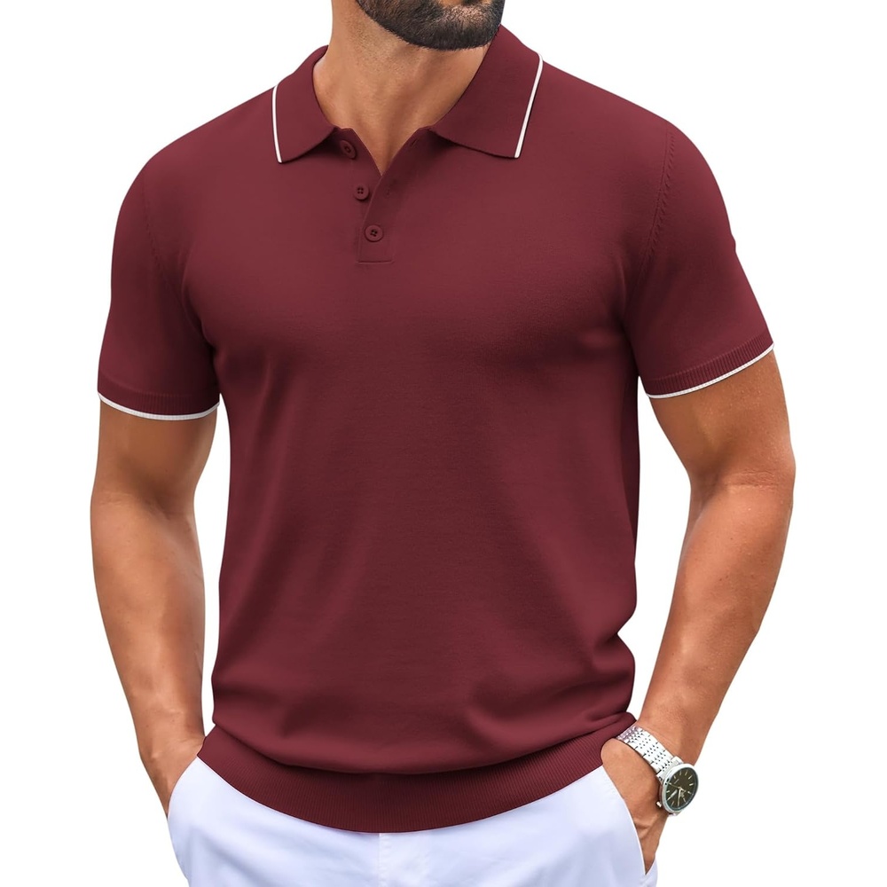image:imageCOOFANDY Mens Knit Polo Shirts Casual Short Sleeve Button Down Polo ShirtEwine Red White Striped