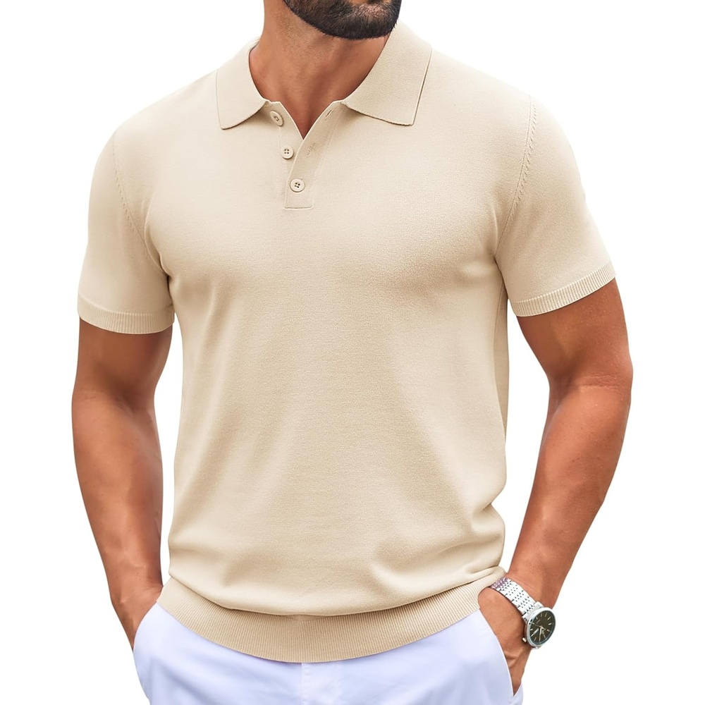 image:imageCOOFANDY Mens Knit Polo Shirts Casual Short Sleeve Button Down Polo ShirtLight Khaki