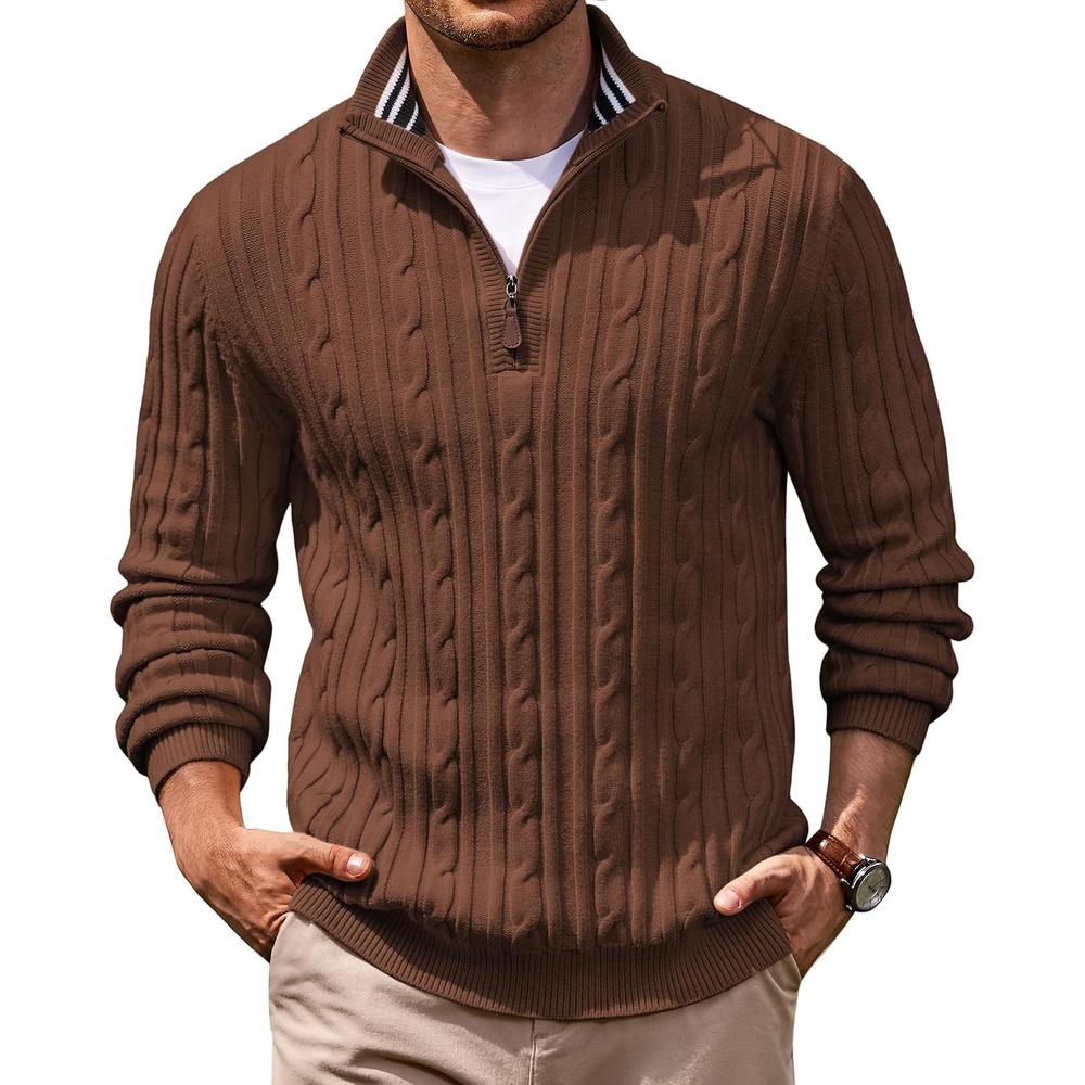 image:imageCOOFANDY Mens Quarter Zip Pullover Cable Knit Mock Neck Dress SweaterBrown