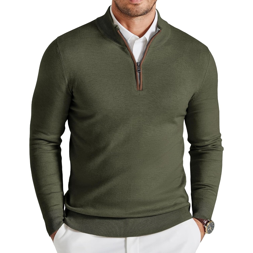 image:imageCOOFANDY Mens Quarter Zip Sweater Casual Slim Fit Mock Neck Knit PulloverArmy Green