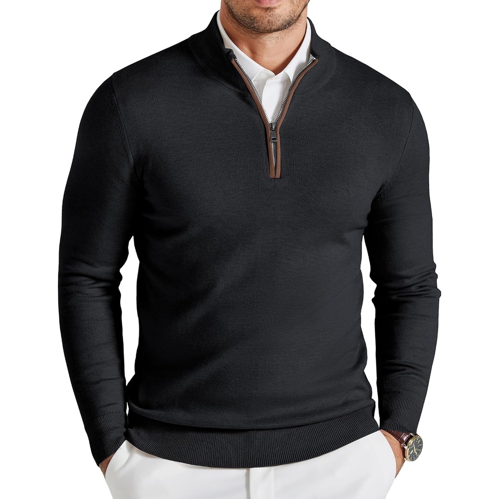 image:imageCOOFANDY Mens Quarter Zip Sweater Casual Slim Fit Mock Neck Knit PulloverBlack