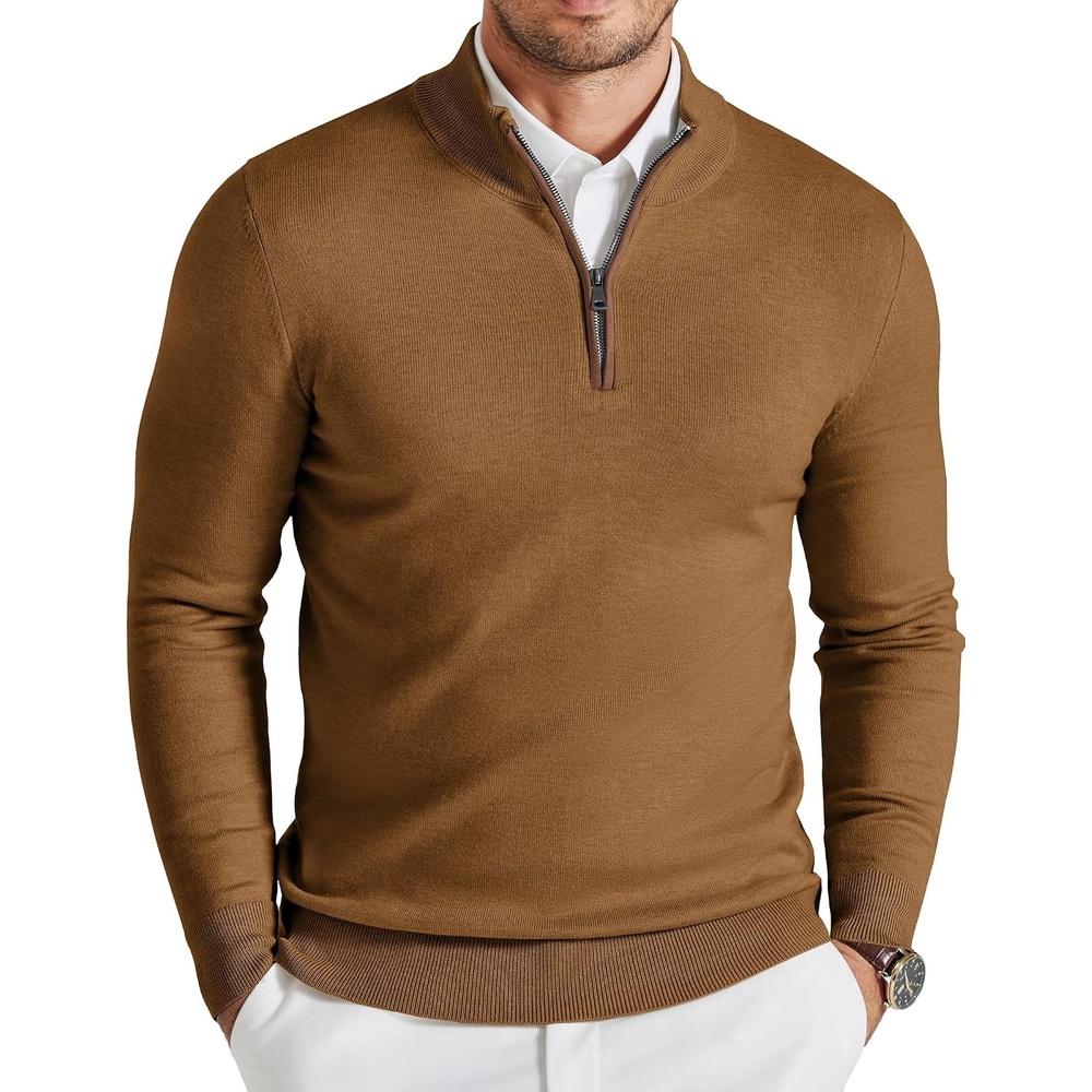 image:imageCOOFANDY Mens Quarter Zip Sweater Casual Slim Fit Mock Neck Knit PulloverBrown