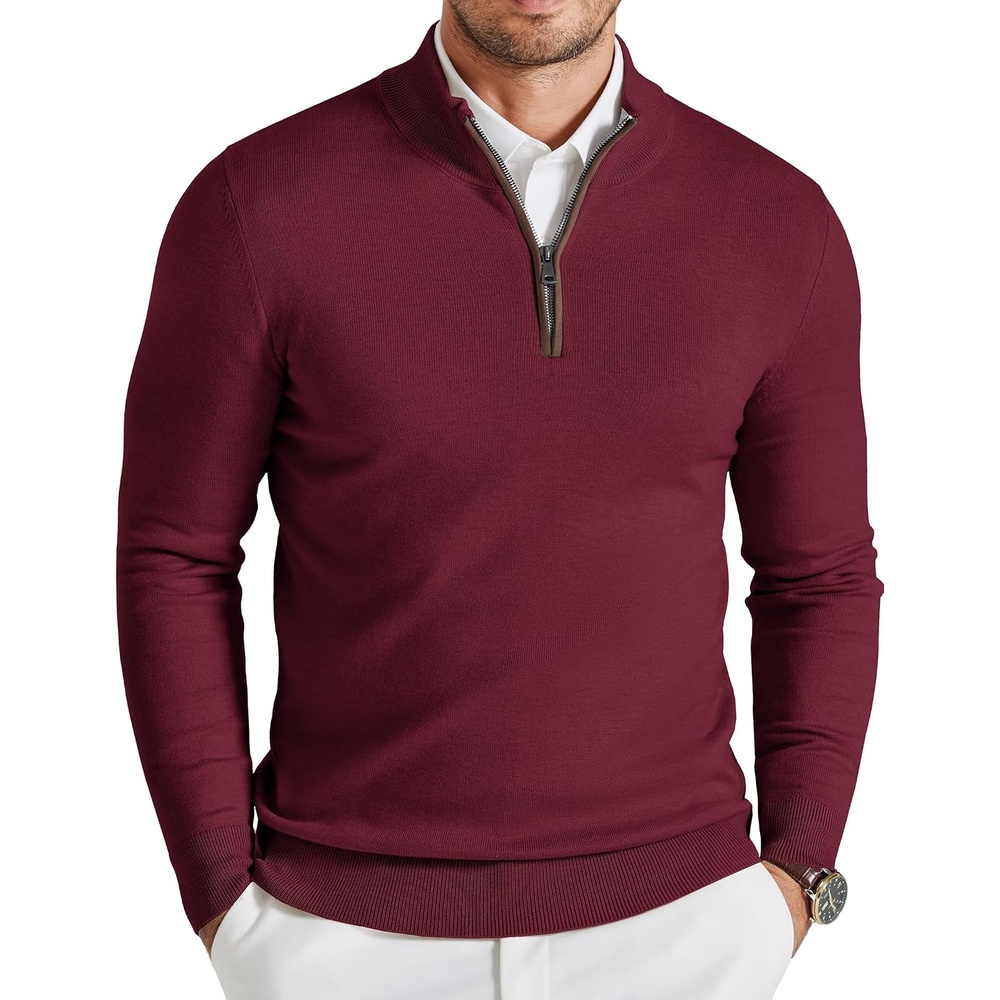 image:imageCOOFANDY Mens Quarter Zip Sweater Casual Slim Fit Mock Neck Knit PulloverBurgundy