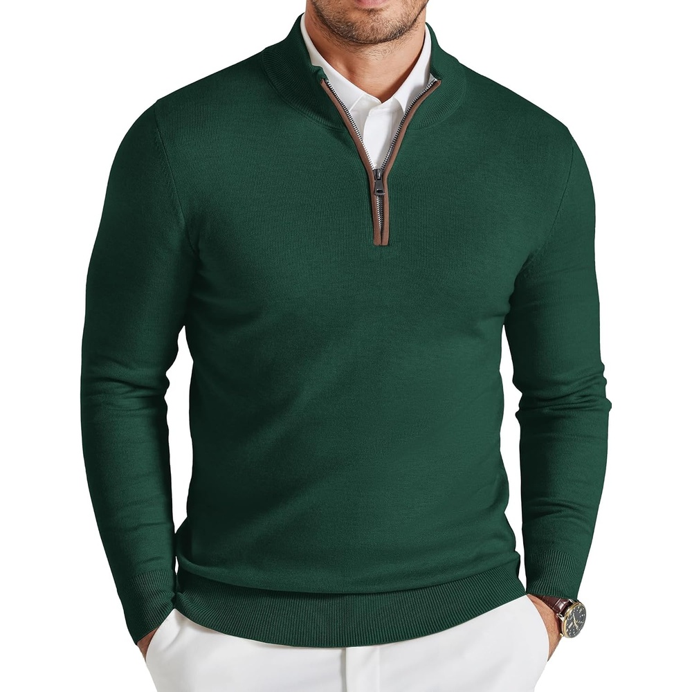 image:imageCOOFANDY Mens Quarter Zip Sweater Casual Slim Fit Mock Neck Knit PulloverDark Green