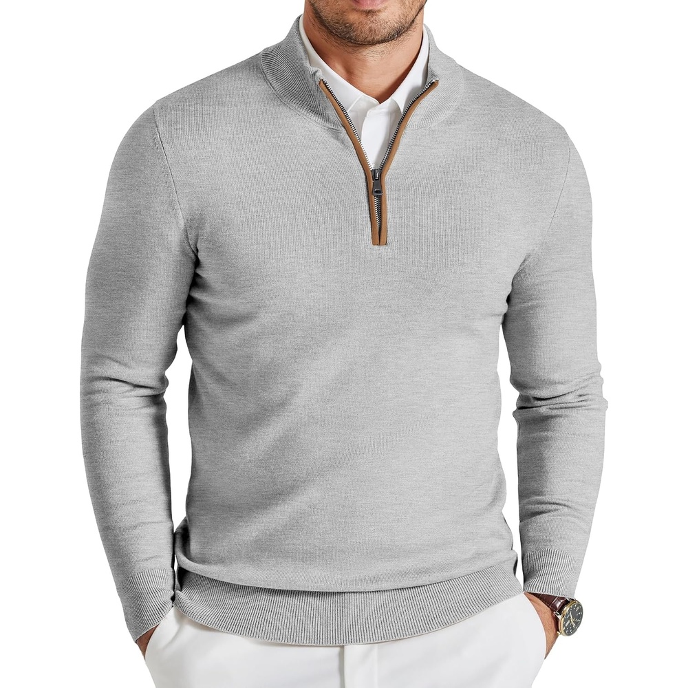 image:imageCOOFANDY Mens Quarter Zip Sweater Casual Slim Fit Mock Neck Knit PulloverLight Gray