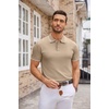COOFANDY Mens Knit Polo Shirts Casual Short Sleeve Button Down Polo Shirt(E-khaki White Striped)
