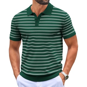 COOFANDY Mens Knit Polo Shirts Casual Short Sleeve Button Down Polo Shirt(F-dark Green Striped)