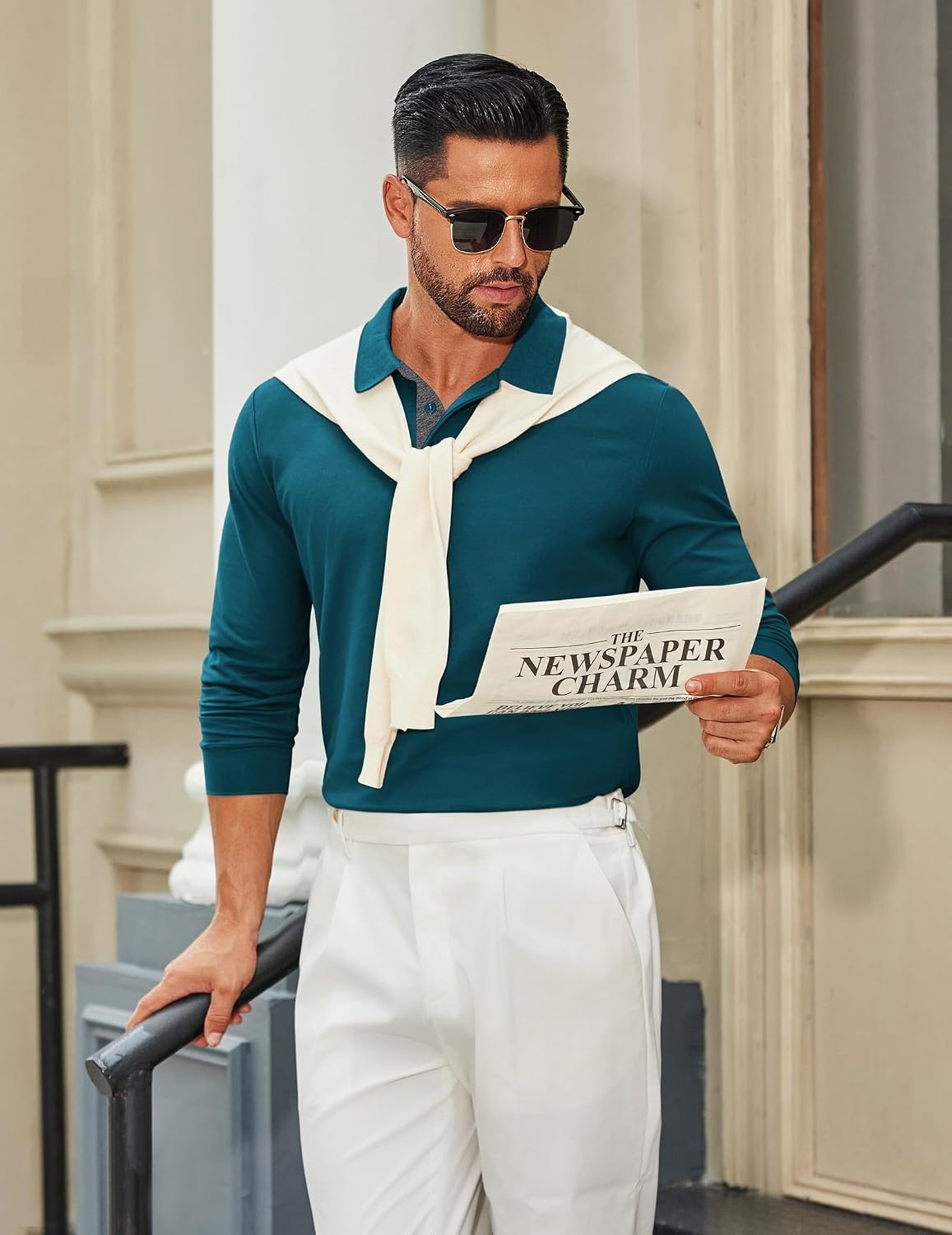 image:imageCOOFANDY Mens Long Sleeve Polo Shirts Cotton Collared Shirts Casual Business Polo Classic Golf T ShirtsLake Green