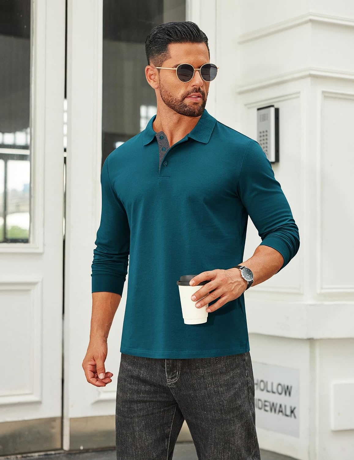 image:imageCOOFANDY Mens Long Sleeve Polo Shirts Cotton Collared Shirts Casual Business Polo Classic Golf T ShirtsLake Green