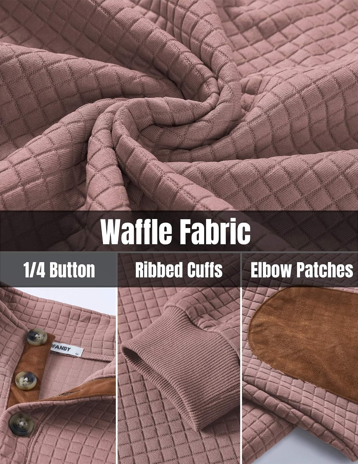 image:imageCOOFANDY Mens Quarter Button Sweatshirt Long Sleeve Pullover Waffle Casual Stand Collar SweaterDusty Pink