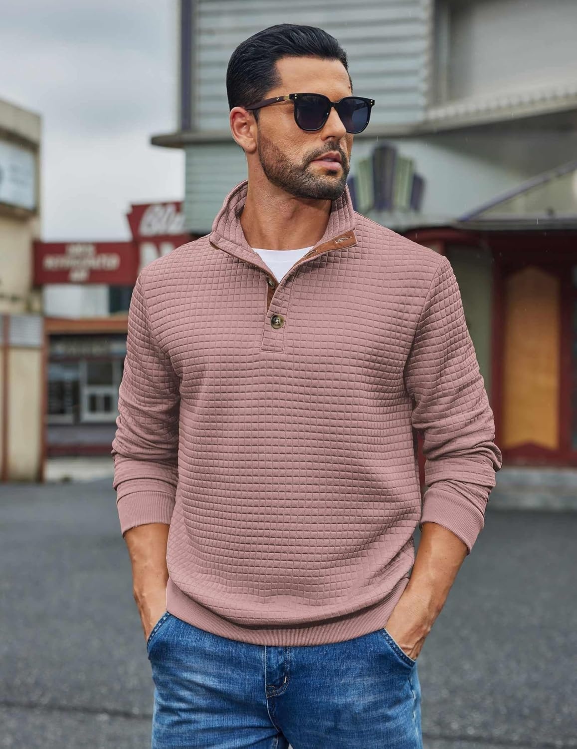 image:imageCOOFANDY Mens Quarter Button Sweatshirt Long Sleeve Pullover Waffle Casual Stand Collar SweaterDusty Pink