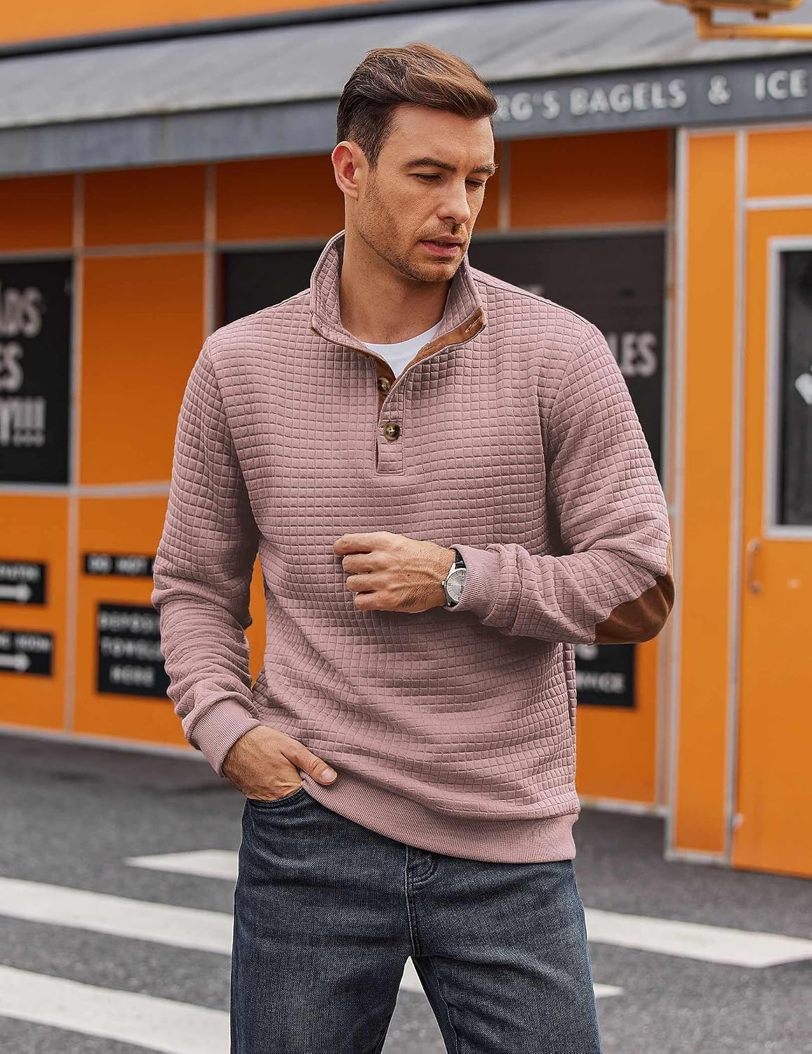 image:imageCOOFANDY Mens Quarter Button Sweatshirt Long Sleeve Pullover Waffle Casual Stand Collar SweaterDusty Pink