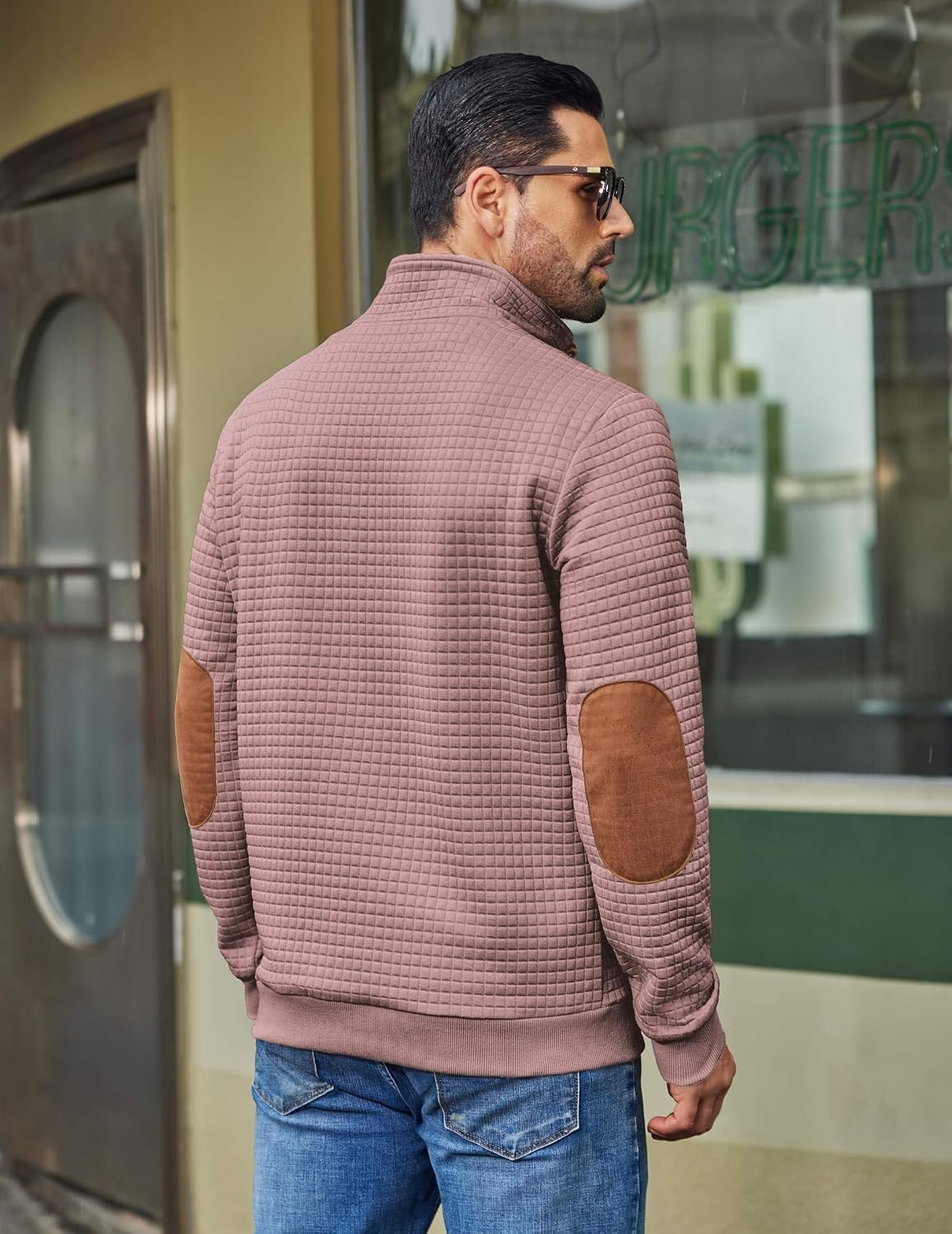 image:imageCOOFANDY Mens Quarter Button Sweatshirt Long Sleeve Pullover Waffle Casual Stand Collar SweaterDusty Pink