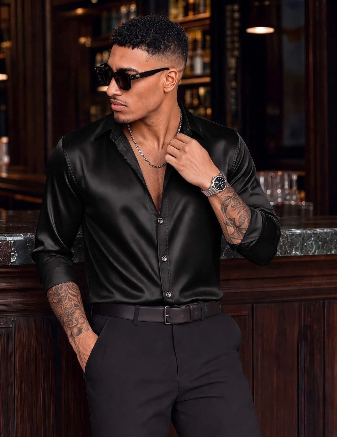 image:imageCOOFANDY Mens Satin Dress Shirts Long Sleeve Shiny Button Down ShirtBlack