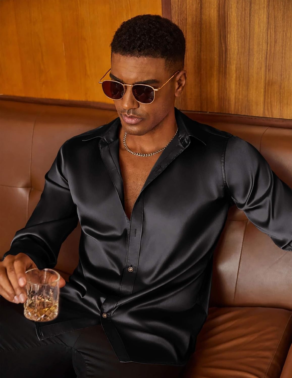 image:imageCOOFANDY Mens Satin Dress Shirts Long Sleeve Shiny Button Down ShirtBlack