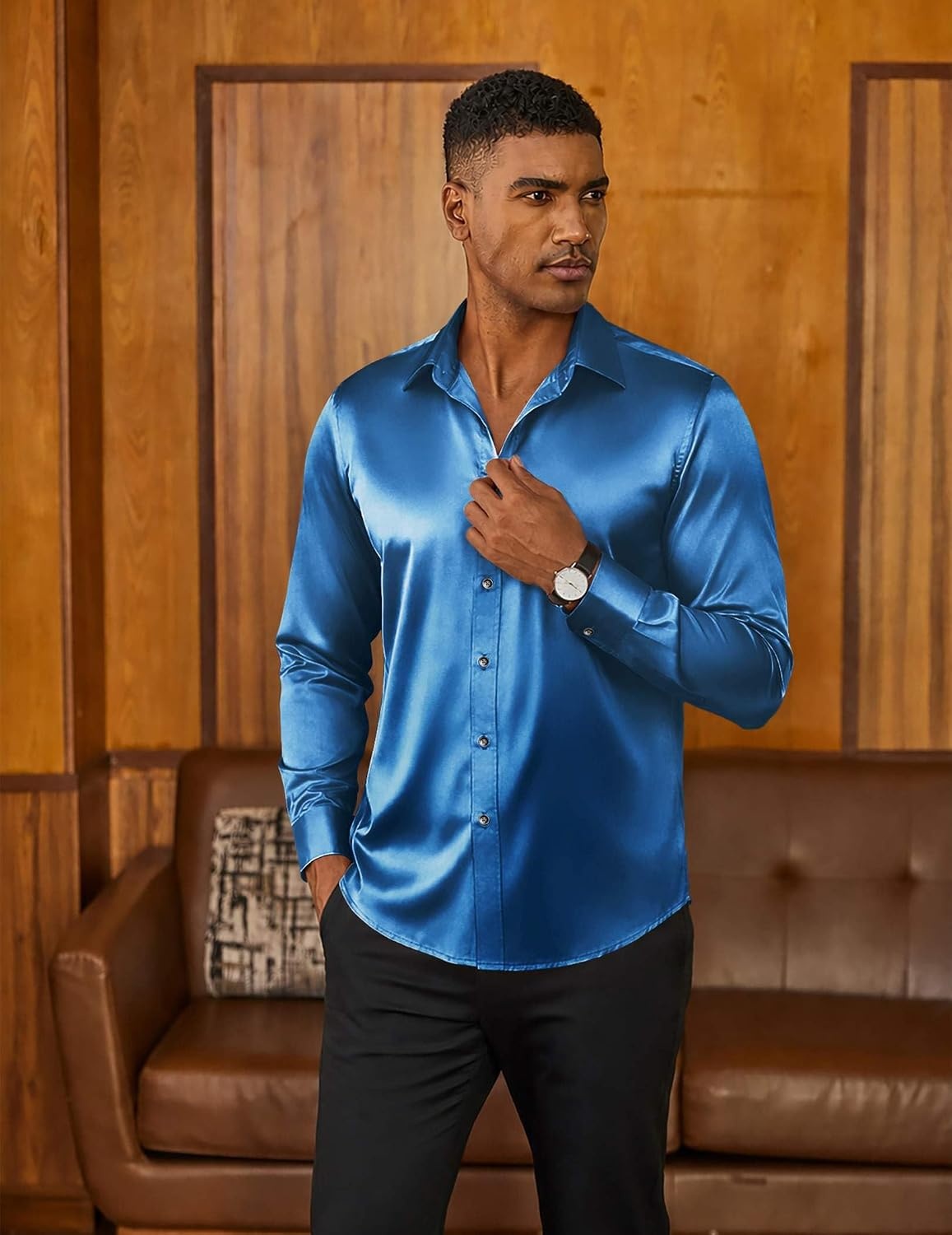 image:imageCOOFANDY Mens Satin Dress Shirts Long Sleeve Shiny Button Down ShirtDark Blue