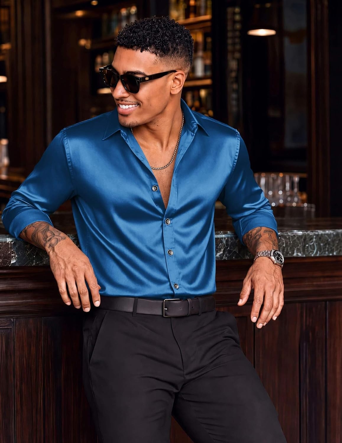 image:imageCOOFANDY Mens Satin Dress Shirts Long Sleeve Shiny Button Down ShirtDark Blue