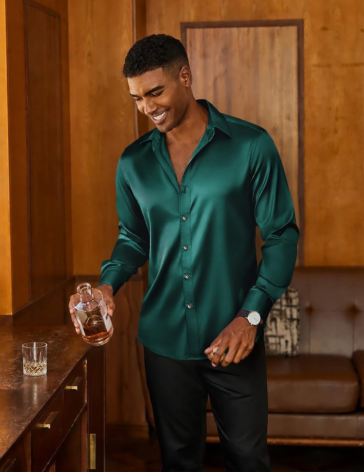 image:imageCOOFANDY Mens Satin Dress Shirts Long Sleeve Shiny Button Down ShirtGreen