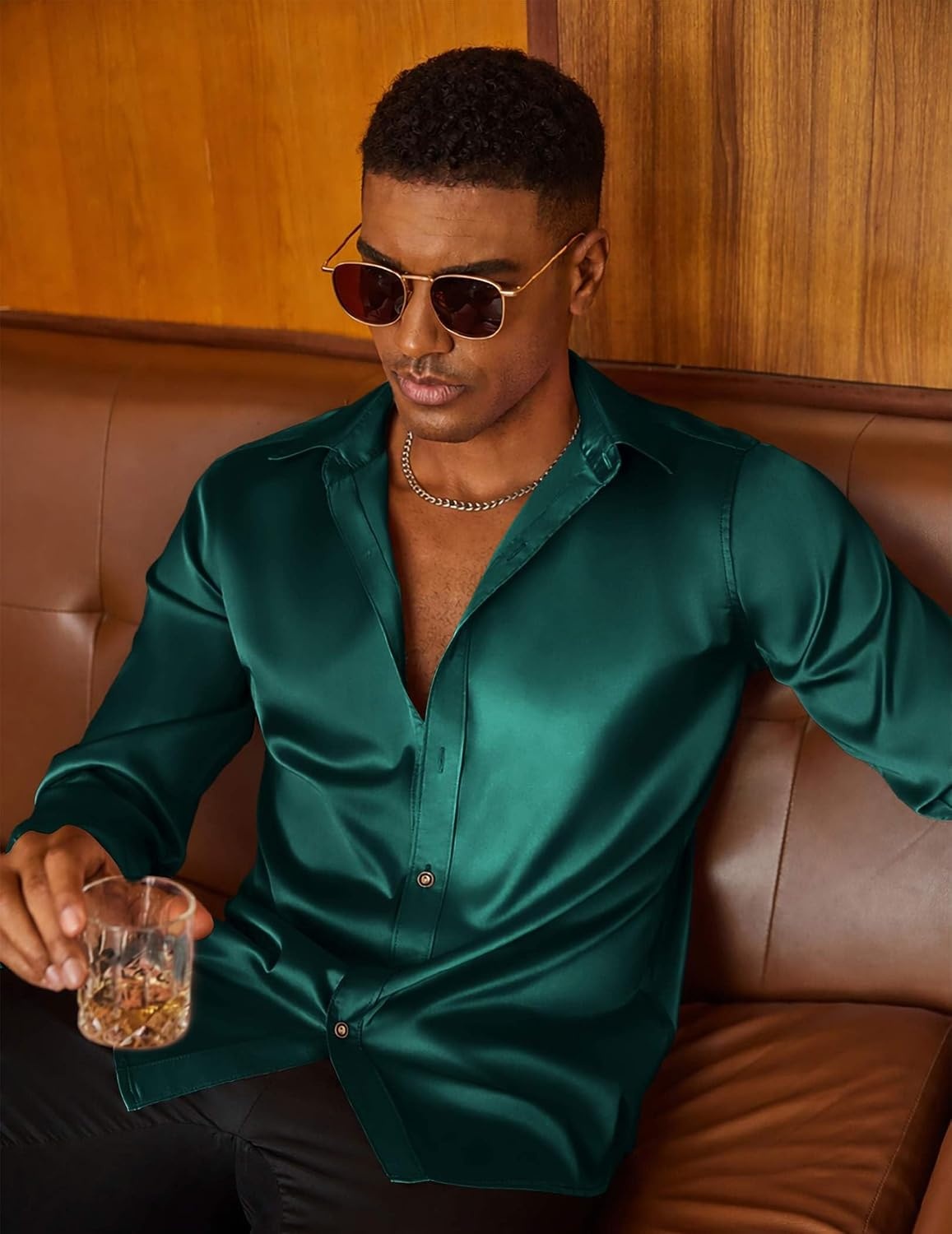 image:imageCOOFANDY Mens Satin Dress Shirts Long Sleeve Shiny Button Down ShirtGreen