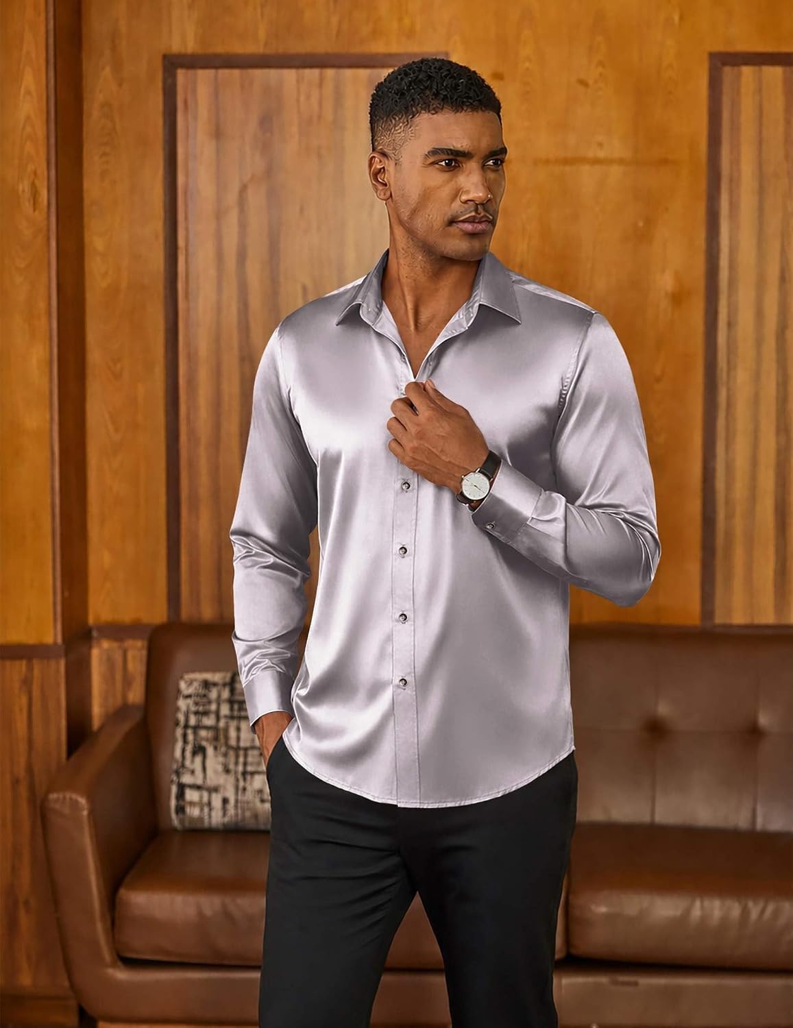 image:imageCOOFANDY Mens Satin Dress Shirts Long Sleeve Shiny Button Down ShirtLight Gray