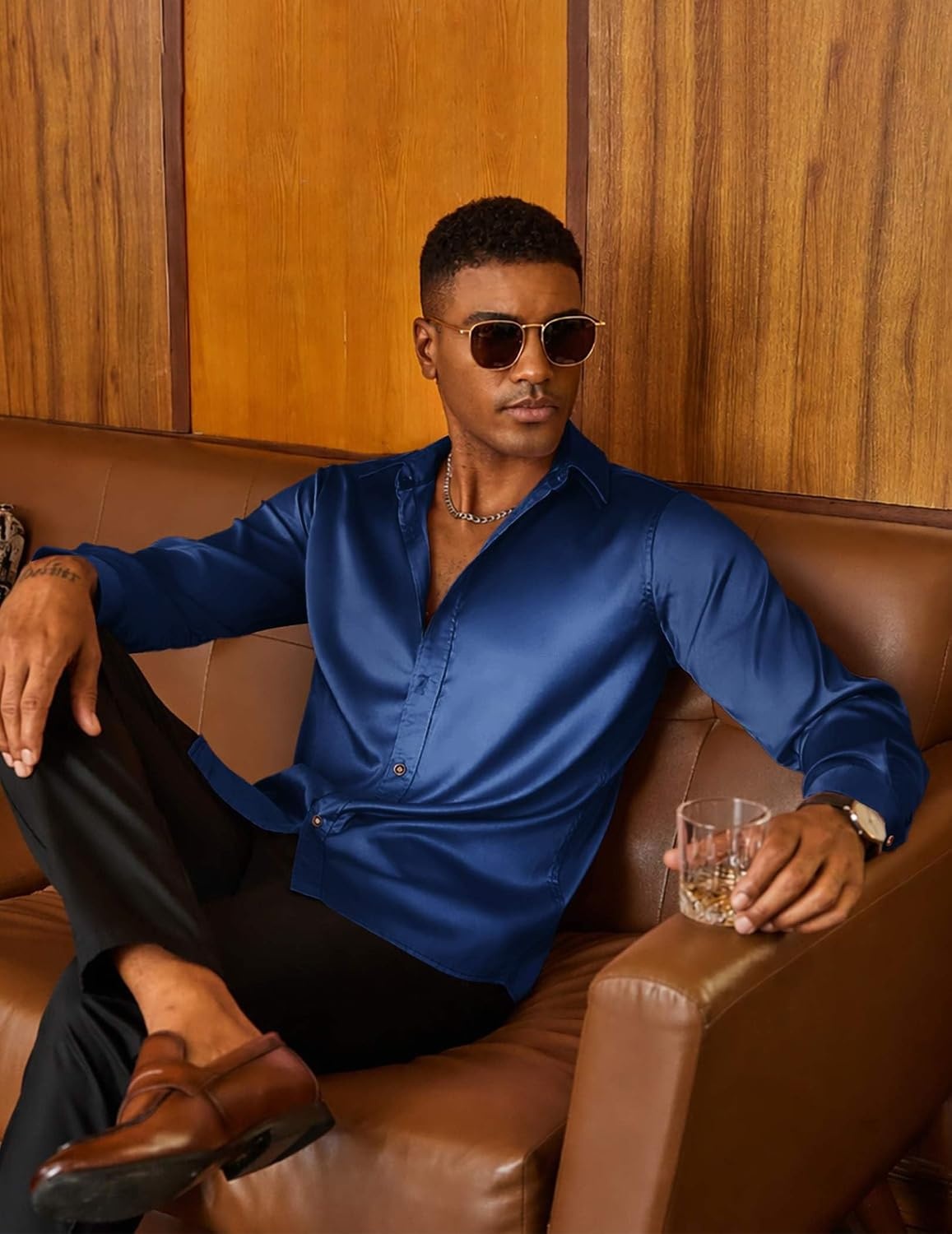 image:imageCOOFANDY Mens Satin Dress Shirts Long Sleeve Shiny Button Down ShirtNavy Blue