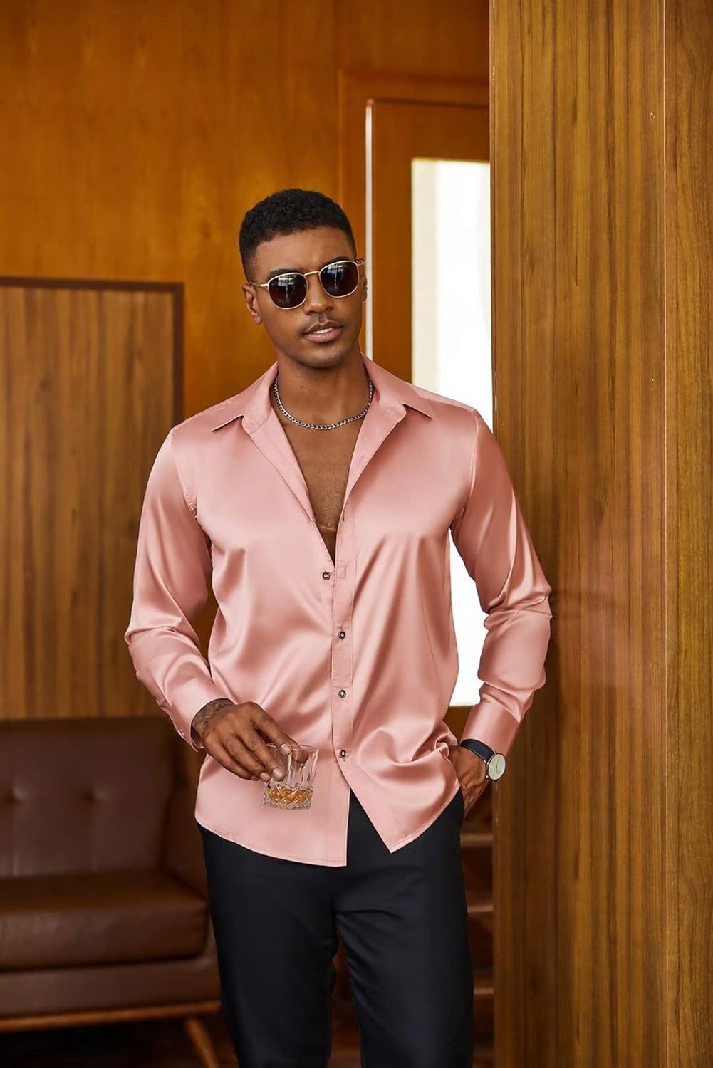 image:imageCOOFANDY Mens Satin Dress Shirts Long Sleeve Shiny Button Down ShirtPink