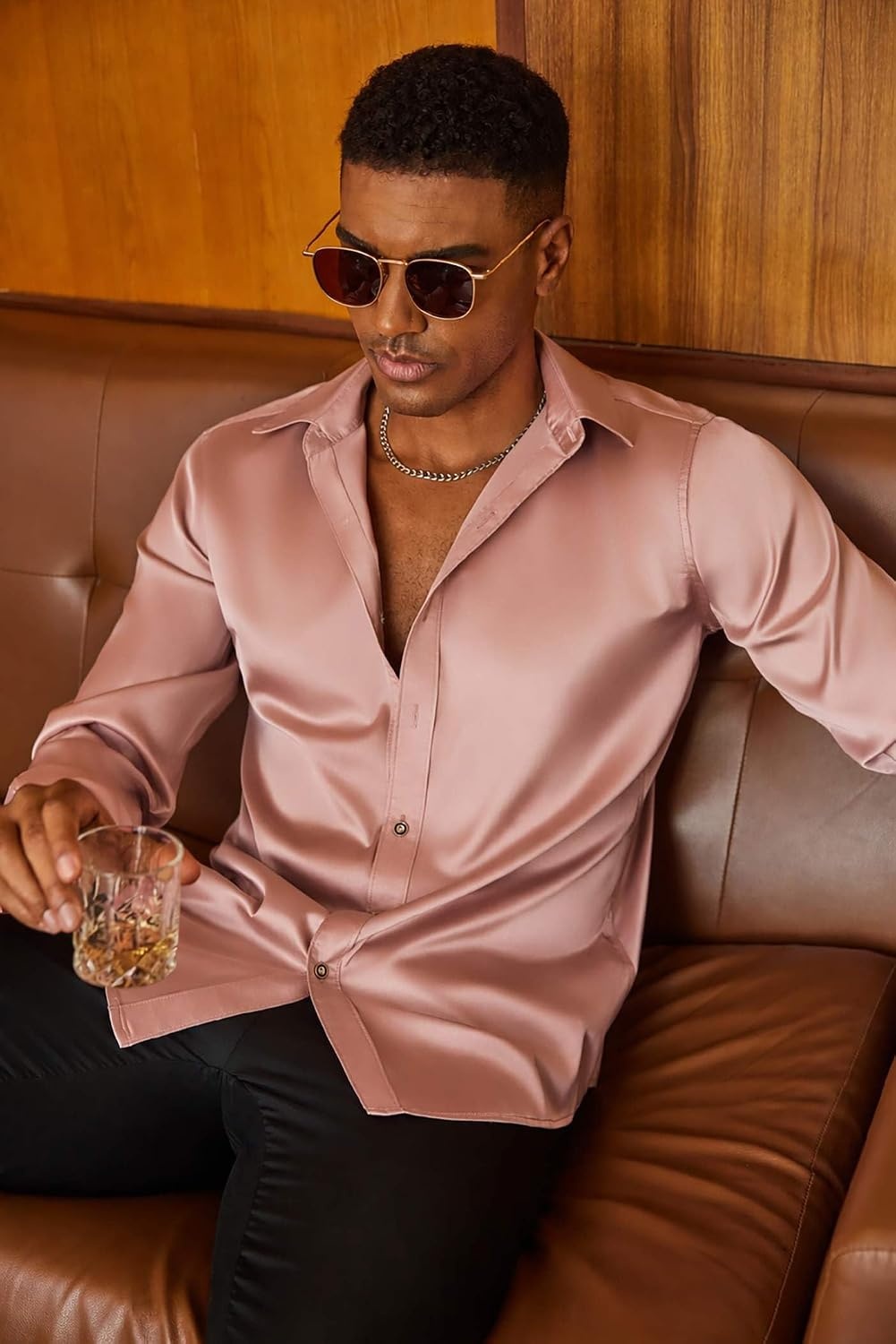 image:imageCOOFANDY Mens Satin Dress Shirts Long Sleeve Shiny Button Down ShirtPink