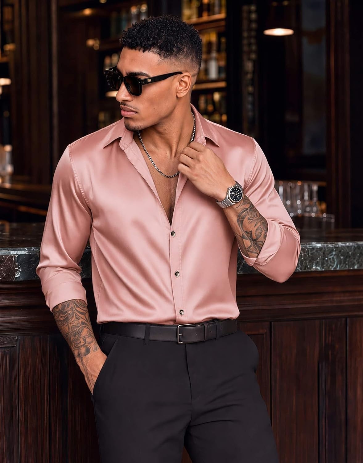 image:imageCOOFANDY Mens Satin Dress Shirts Long Sleeve Shiny Button Down ShirtPink