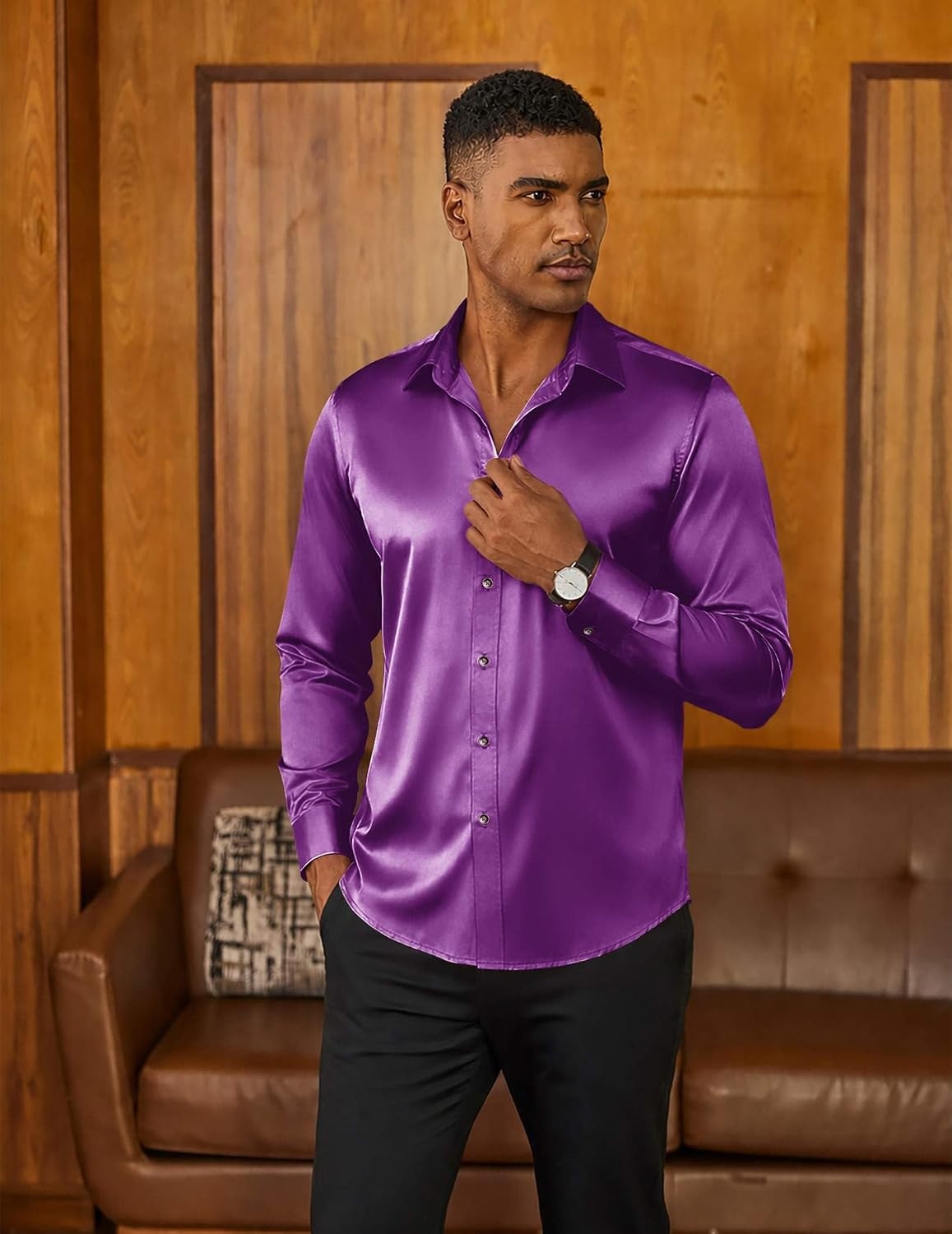 image:imageCOOFANDY Mens Satin Dress Shirts Long Sleeve Shiny Button Down ShirtPurple