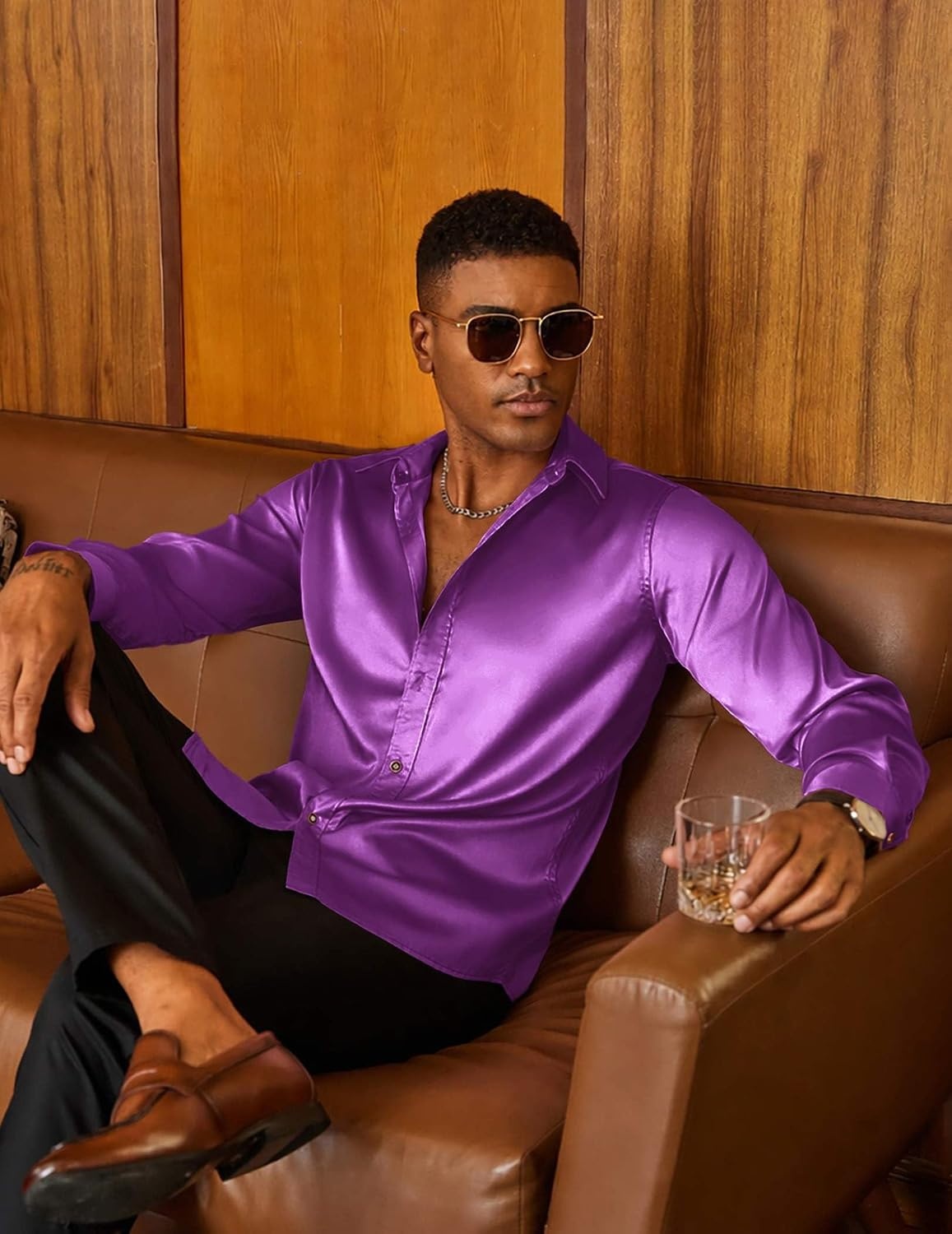 image:imageCOOFANDY Mens Satin Dress Shirts Long Sleeve Shiny Button Down ShirtPurple