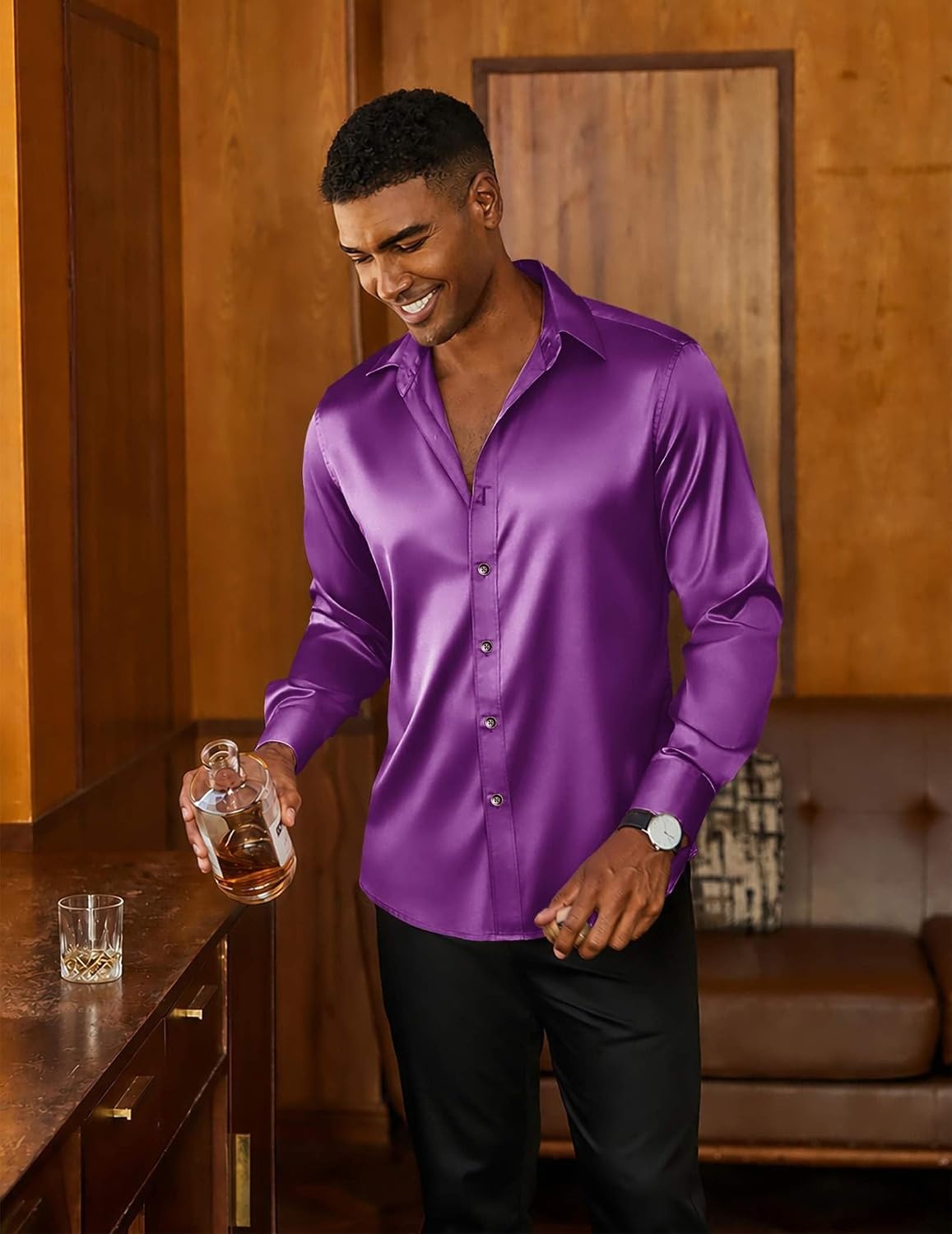 image:imageCOOFANDY Mens Satin Dress Shirts Long Sleeve Shiny Button Down ShirtPurple