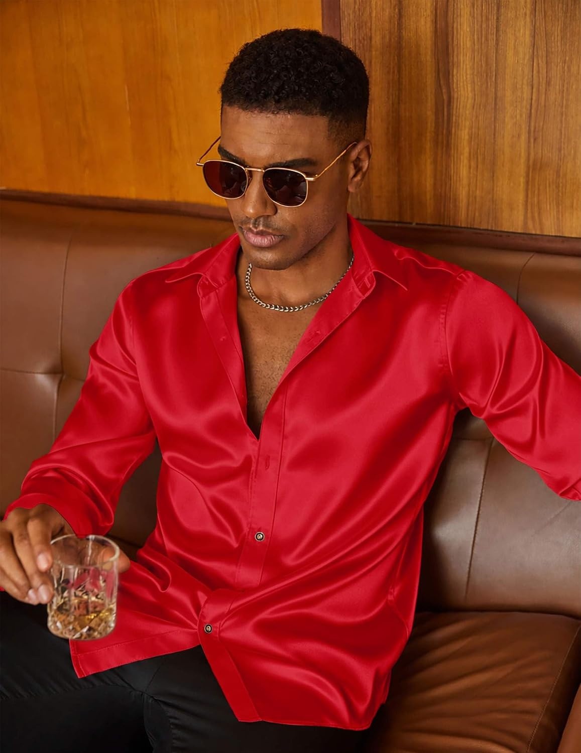 image:imageCOOFANDY Mens Satin Dress Shirts Long Sleeve Shiny Button Down ShirtRed