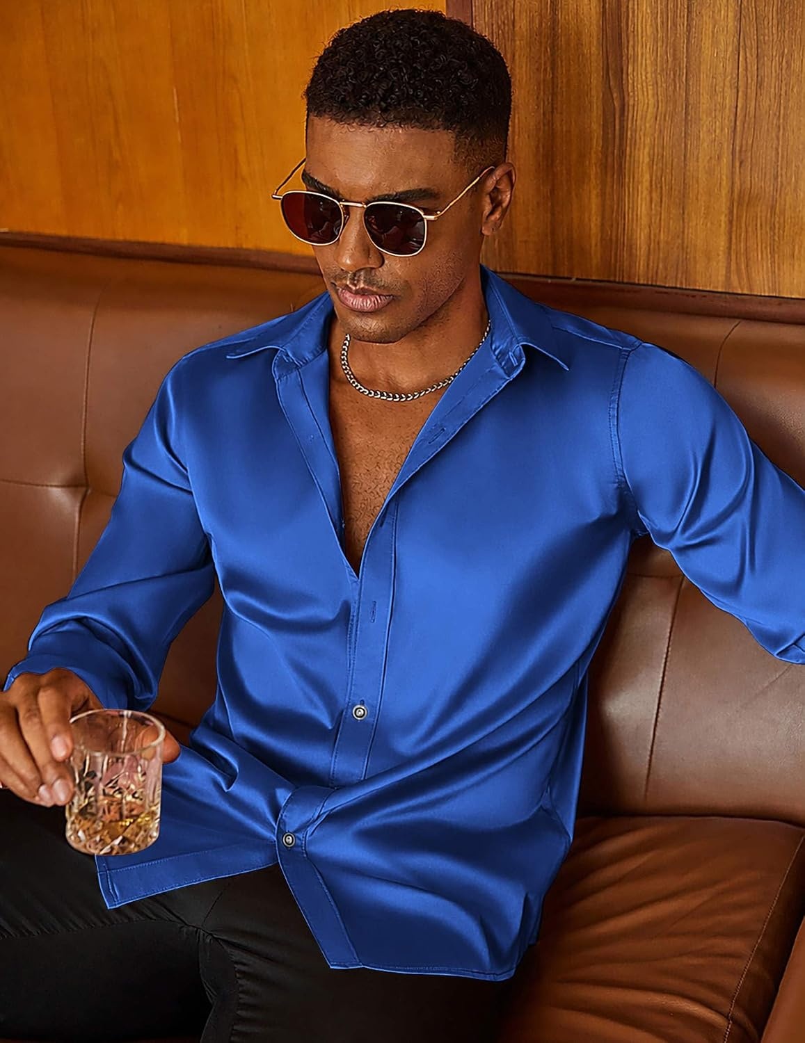 image:imageCOOFANDY Mens Satin Dress Shirts Long Sleeve Shiny Button Down ShirtRoyal Blue